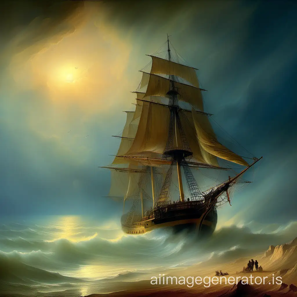 The ship is sailing on the sand, in a sandstorm, on the sky star. 16k, high quality. Picture like Aivazovsky.