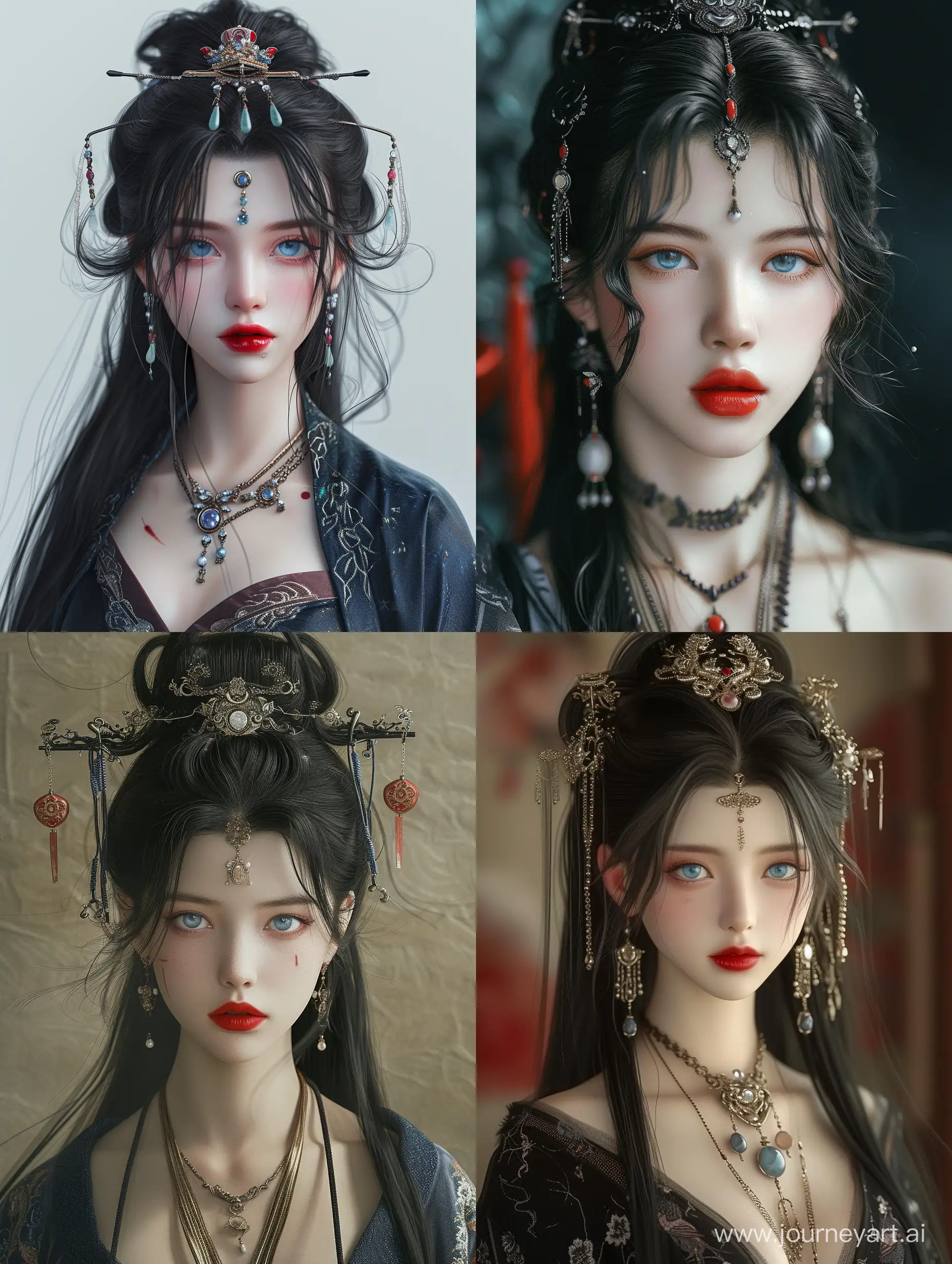 xuer Dunhuang, 1girl, jewelry, solo, earrings, red lips, black hair, necklace, makeup, looking at viewer, hair ornament, long hair, blue eyes, lips, realistic, parted lips, upper body, gem, portrait, lipstick, facial mark, chinese clothes
