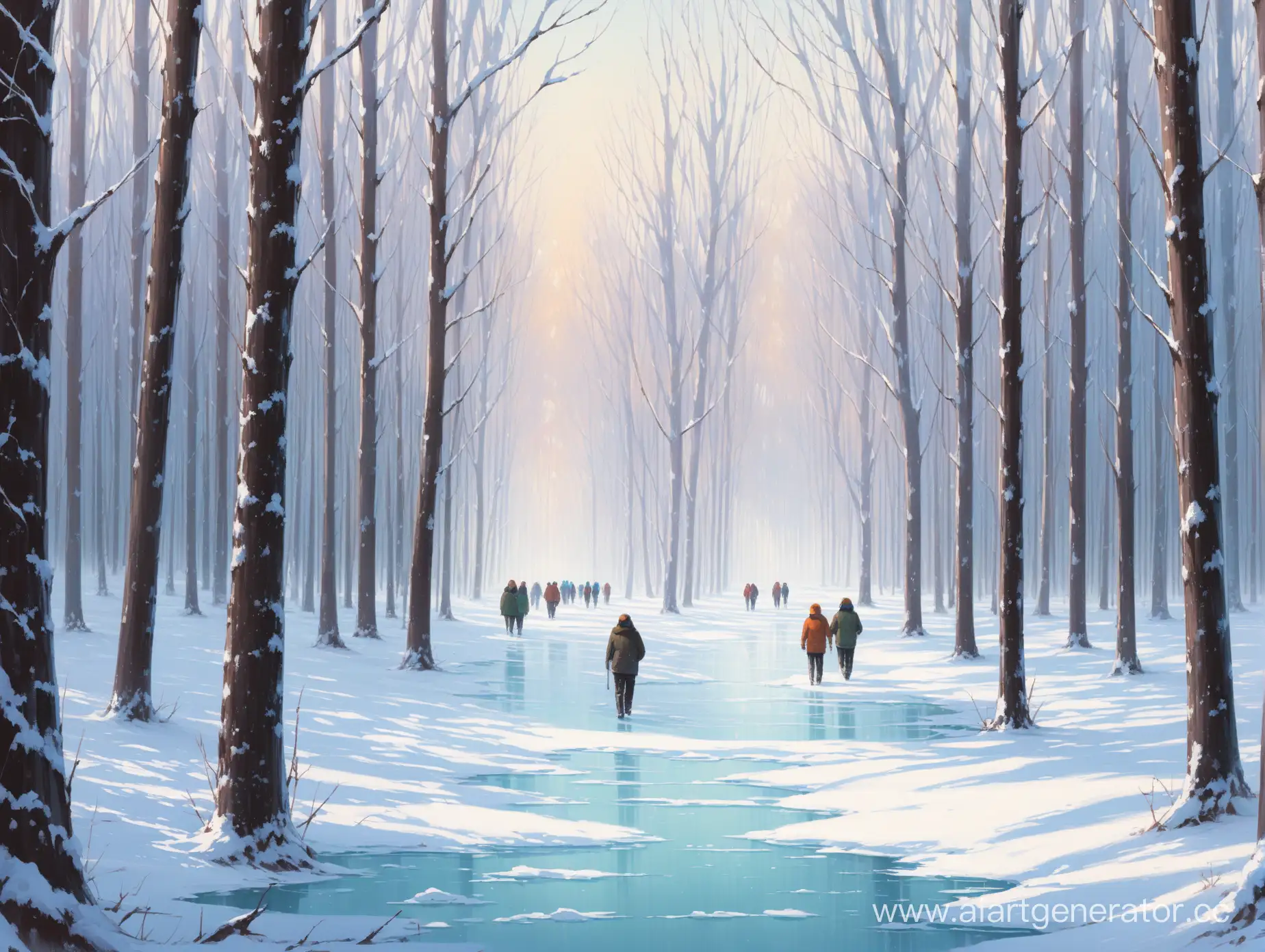 Winter-Wanderers-Strolling-by-a-Frozen-Lake-in-a-Dense-Forest
