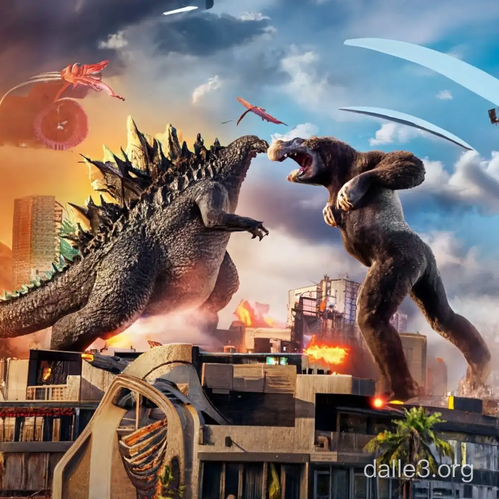 Godzilla and King Kong fighting in 3d