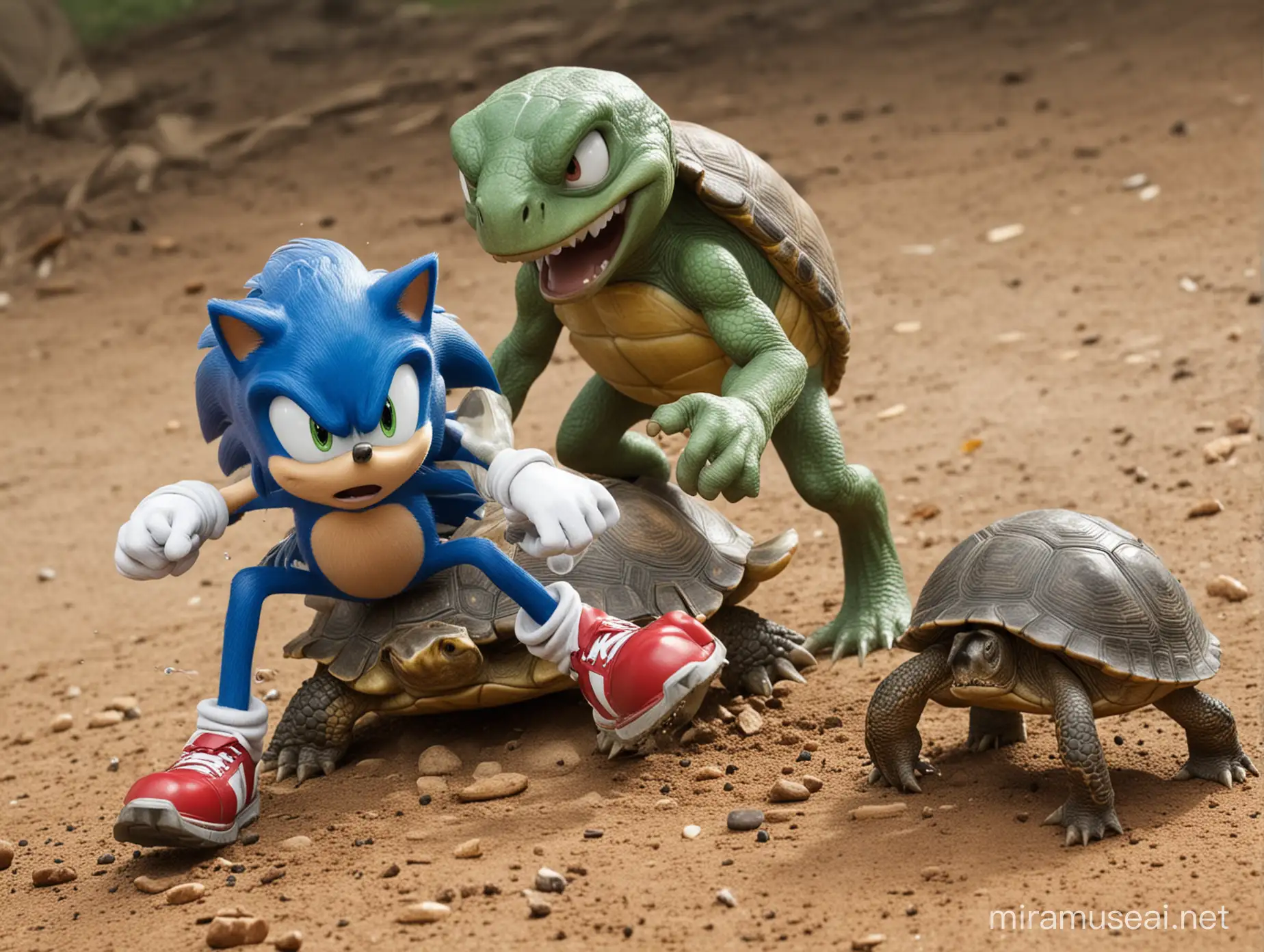 Sonic fighting a turtle
