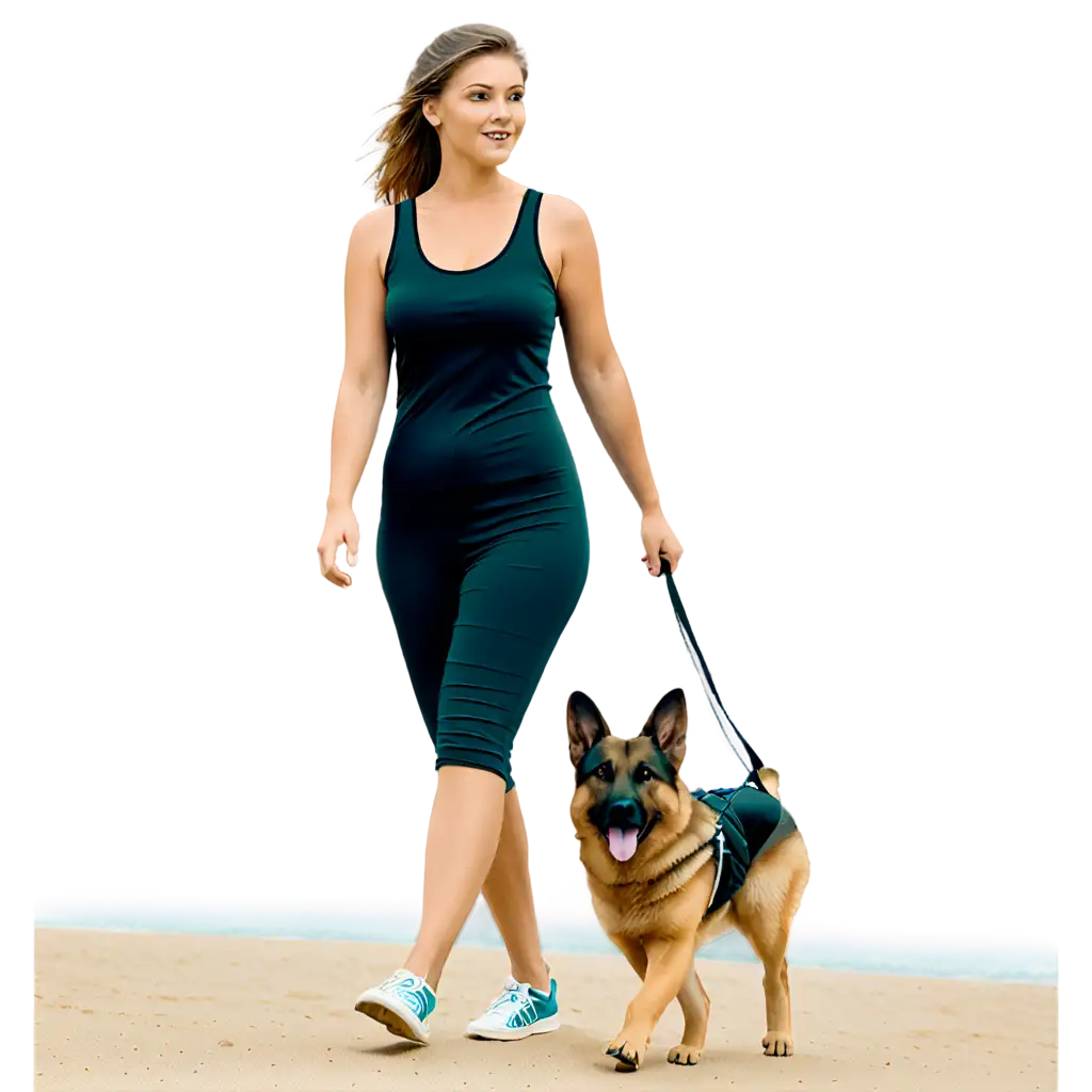 CREATE A REALISTIC IMAGEOF A WOMEN WALKING A SANDY BEACH WITH A GERMAN SHEPARD DOG