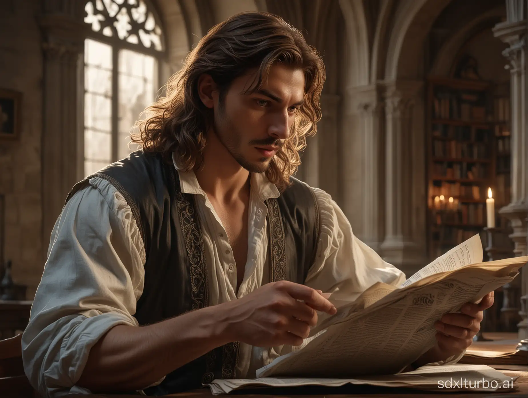 A handsome man of about twenty-seven with (((long))) brown hair just below his shoulders, with expressive gray eyes, dressed in a medieval rich camisole, with a worried expression in the castle library is reading a newspaper article in which a drawing of a wolf is depicted, perfect composition, beautiful detailed intricate insanely detailed octane render trending on artstation, 8 k, photorealistic concept art, soft natural volumetric cinematic perfect light, chiaroscuro,  masterpiece, caravaggio, greg rutkowski