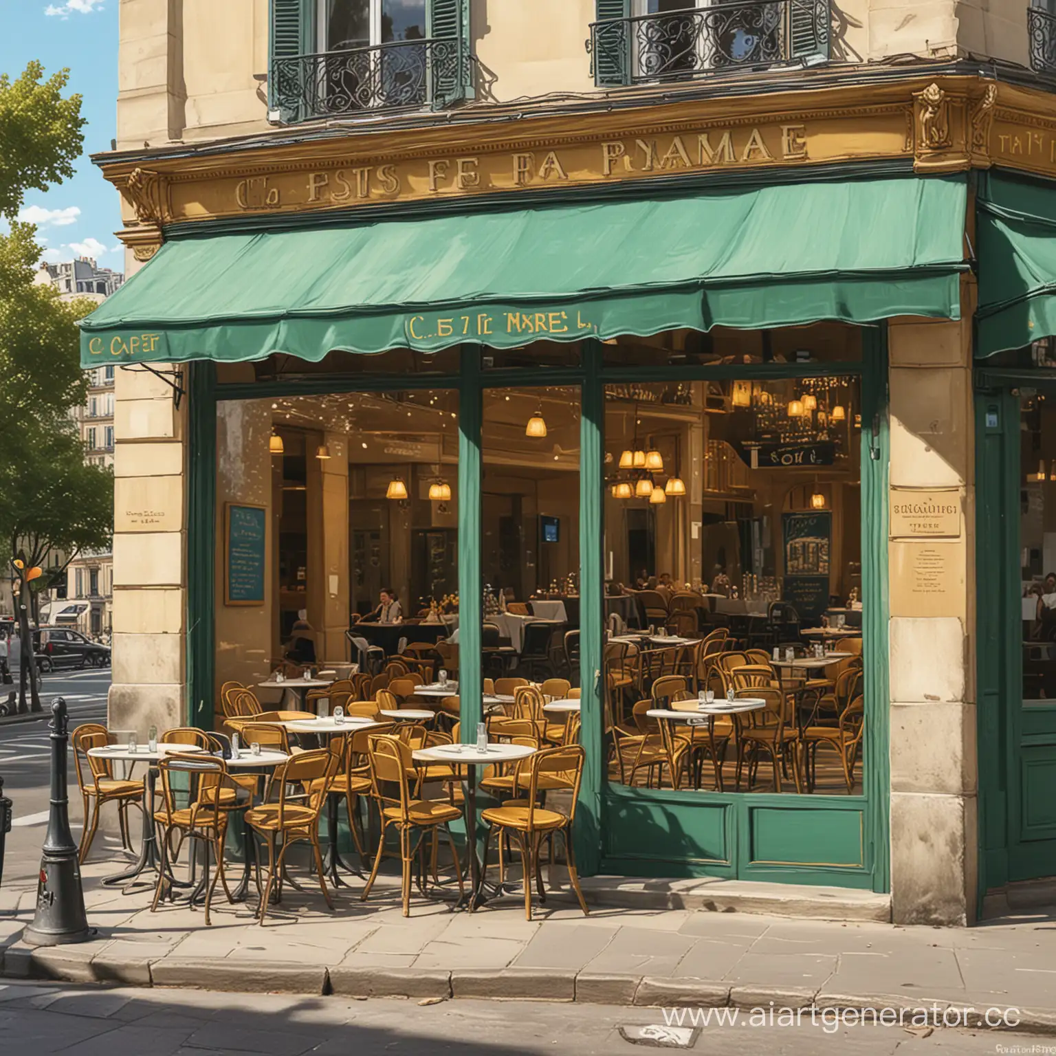 Нарисуй изображение в стиле Ван Гога, которое показывает роскошное кафе с летней верандой на набережной Парижа, сквозь витрины кафе видно, что оно заполнено довольными посетителями, а на вывеске над витриной написано “C’est pour ma pomme”.
