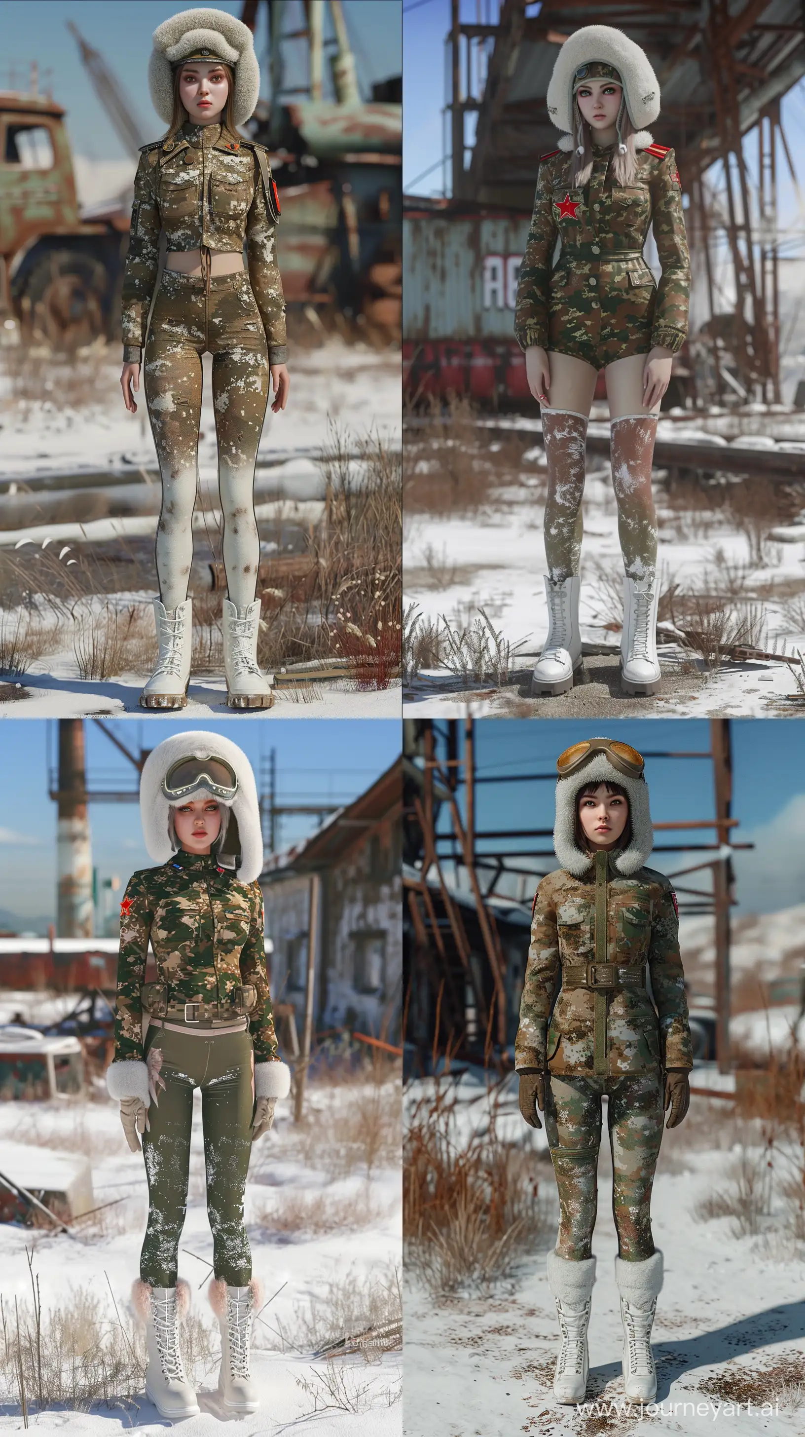 Here is the realistic image of a pretty 18-year-old tomboy woman in a post-apocalyptic setting, dressed in a communist snow camouflage military uniform with a sheepskin aviator hat, snow leggings, and white Valenki boots. The full-body shot is rendered in a highly detailed 8K resolution, providing a full-length view from head to toe, with the subject centered and uncropped --ar 9:16 --v 6

