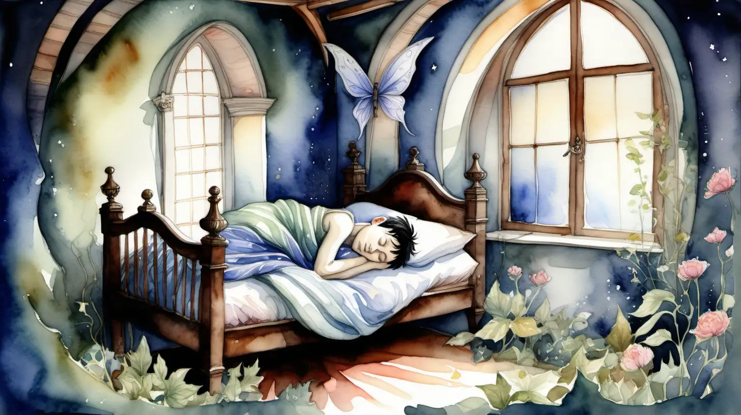 Watercolour fairy story painting. Inside a beautiful fairytale house a blackhaired young male pixie is asleep in bed. 
