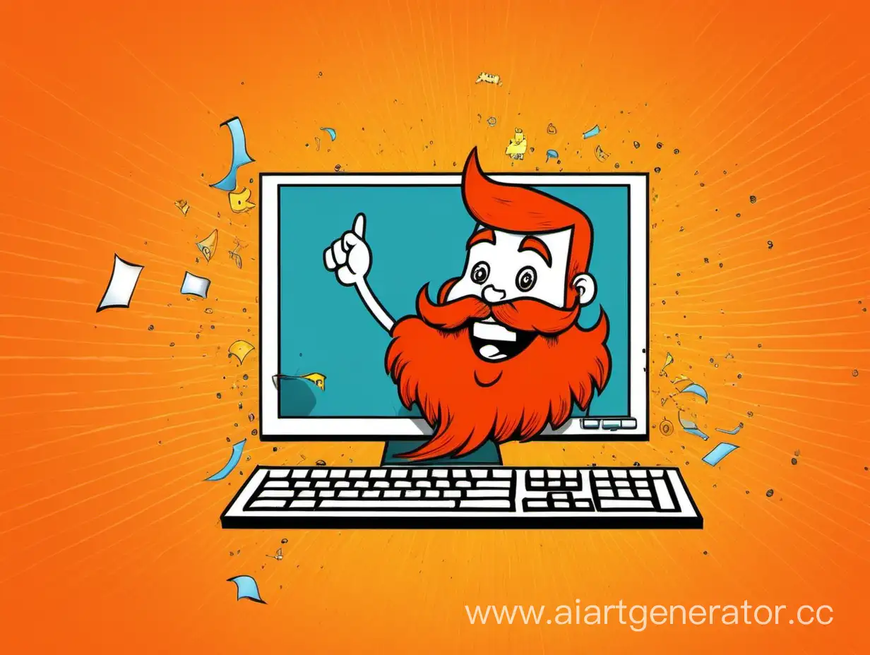 счастливый компьютер с рыжей бородой падает с вывеской "Happy PC" на оранжевом фоне
