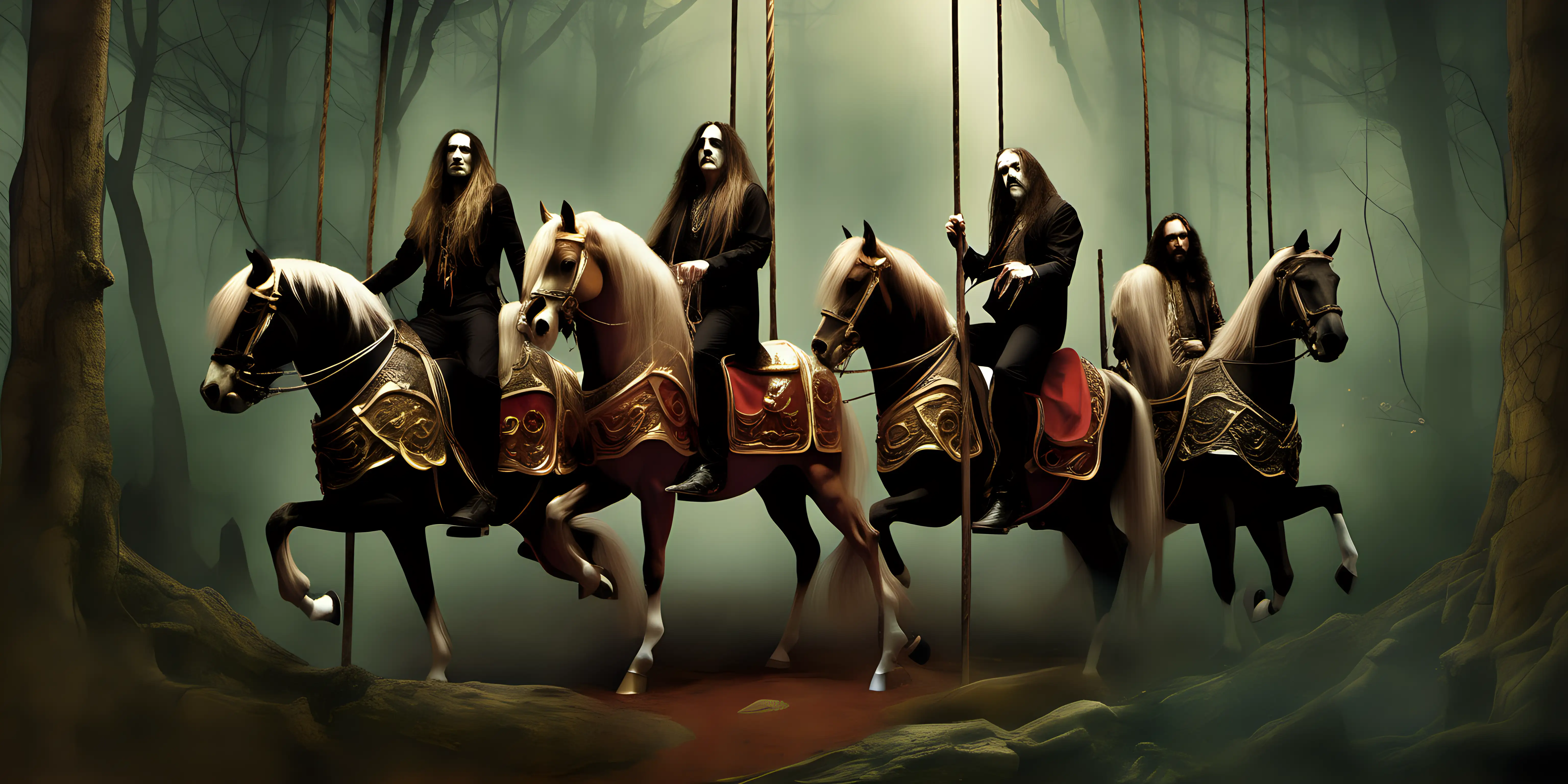 Pagan Rock Band Riding Circus Carousel in Ancient Forest