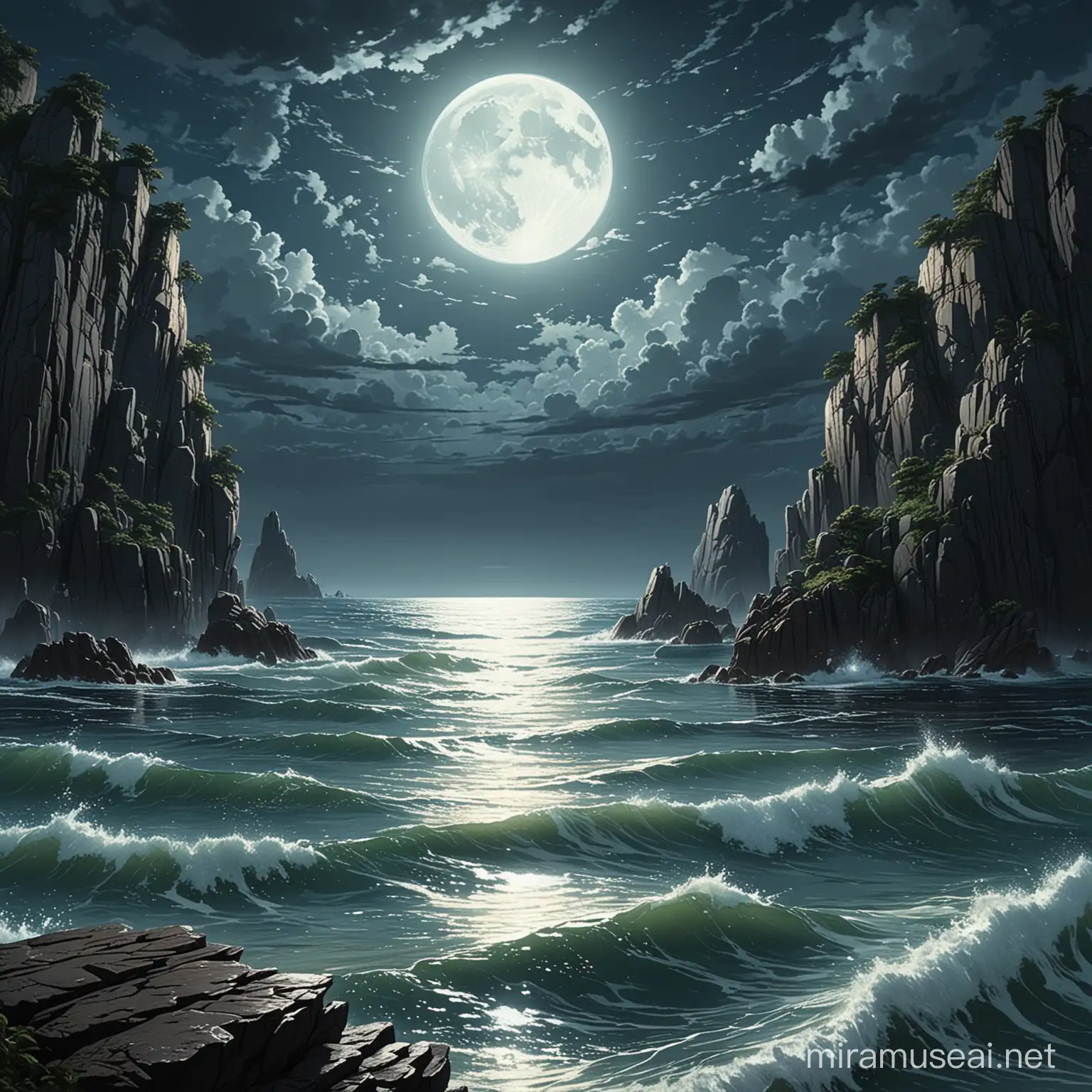 Moonlit Ocean Rock Mystical Illustration in Makoto Shinkai Style