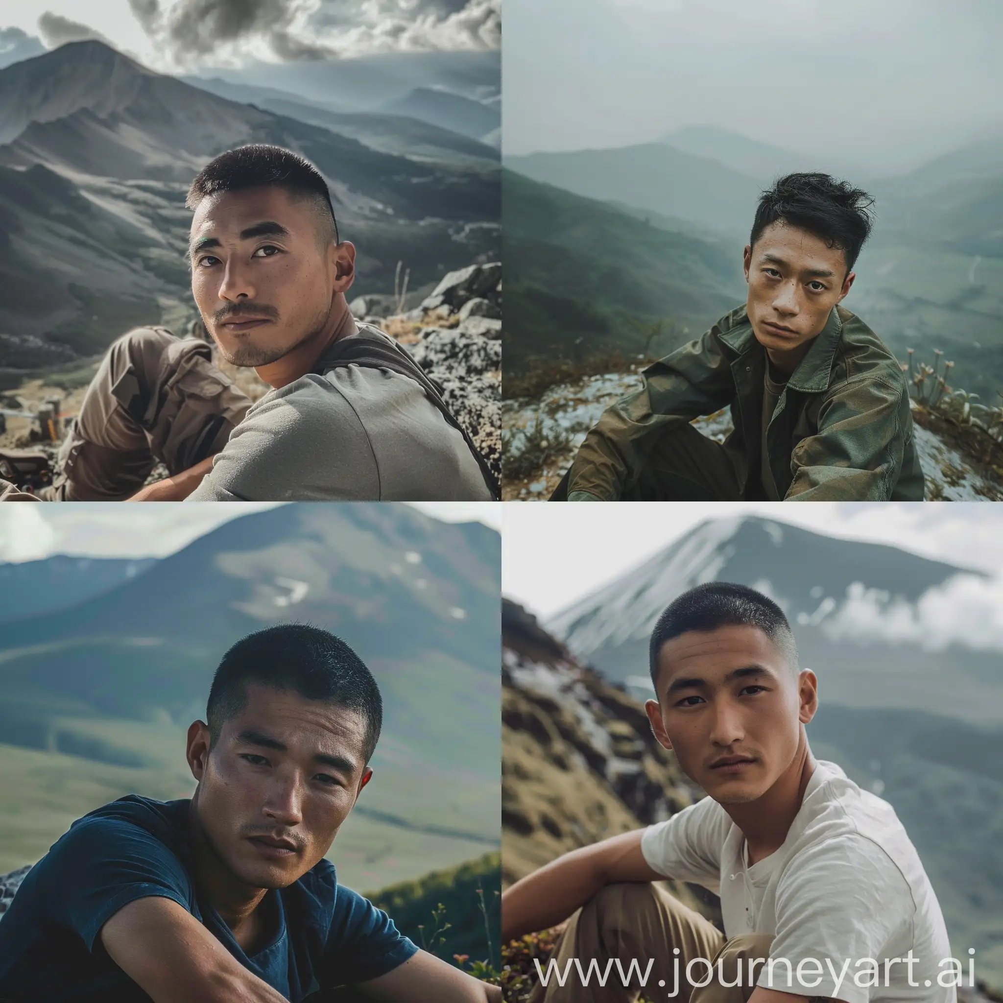 رجل يجلس على جبل في الطبيعة ينظر الى الكاميرا وجهه واضح 
صورة حقيقية واقعية 
شعره قصير اعتيادي اسود