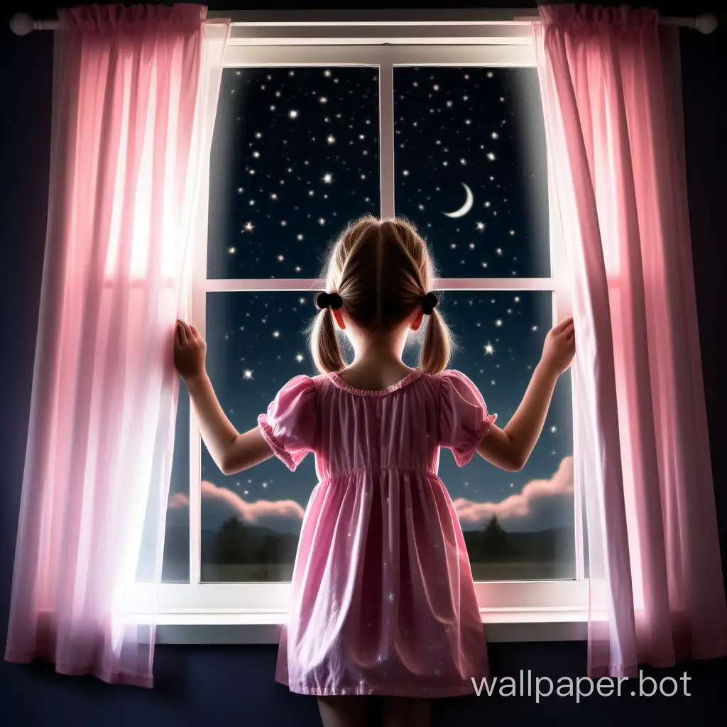 A Preteen girl standing in the moonlight by an open window gazes out looking at the stars, wind blows the white net curtains inward, she wears a pink nighty and her hair is tied in pigtails,