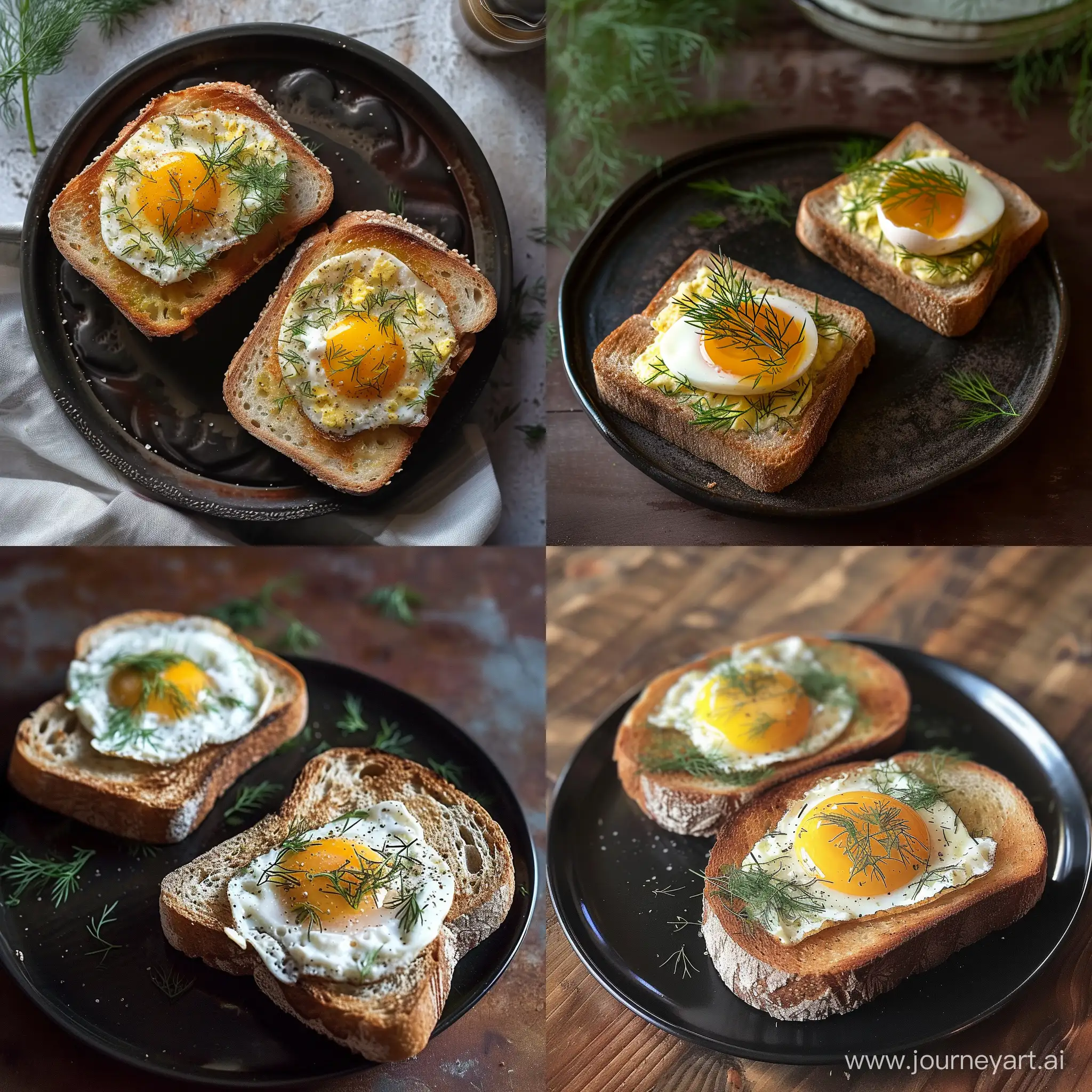 two toasts with egg and dill on a dark plate --v 6 --ar 1:1 --no 2994
