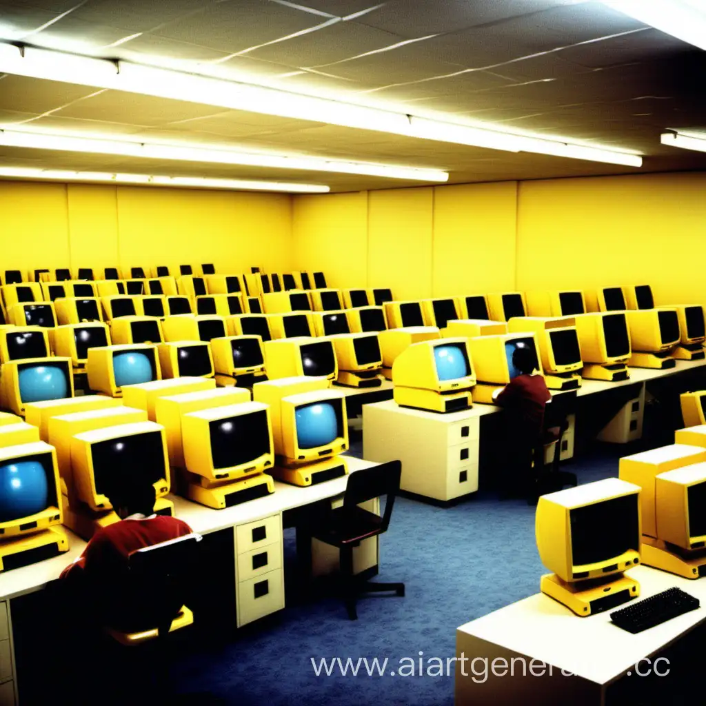 Компютерный клуб 1983 год комната снутри где есть  десять агромных жолтых компьютеров и несколько человек