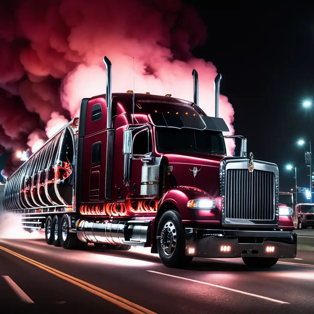 fancy semi tractor trailer dark red paint job lots of chrome and a skull on the door. Long pipes with smoke barreling out of them. Night time with tons of lights on the road