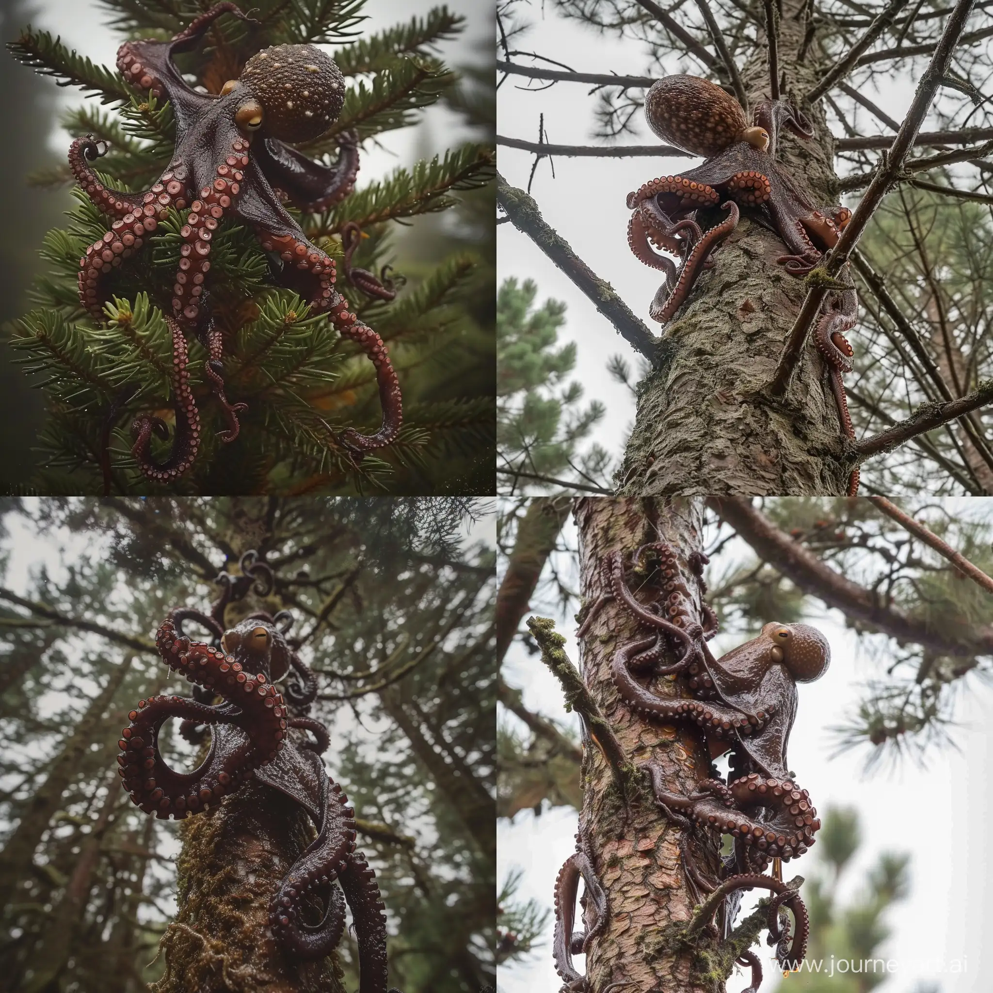 award winning wildlife photo of an incredibly slimy and wet medium sized mottled dark brown octopus scaling a tall pine tree, grabbing branches with its tentacles, slime trail, temperate pine rainforest, daylight, telephoto lens, canon camera, wide shot, shot from below