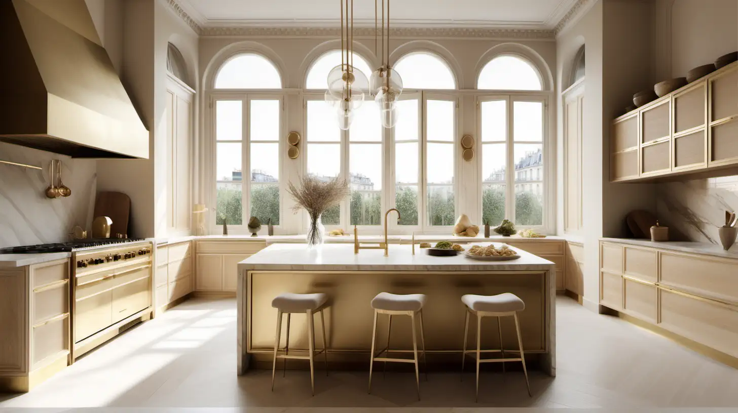 Modern Parisian Organic kitchen; High ceilings; large window; ivory, beige, blonde oak, brass colour palette;