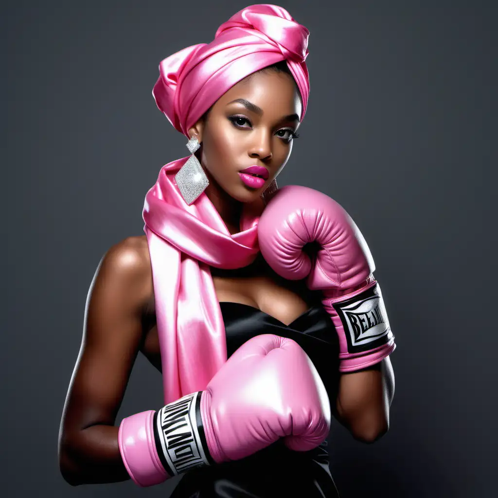 a photo-realistic full body illustration of a beautiful pale skinned Brazilian melanin model with a pink scarf on her head, full lips, diamond earrings in her ears, a black long dress, with pink boxing gloves 