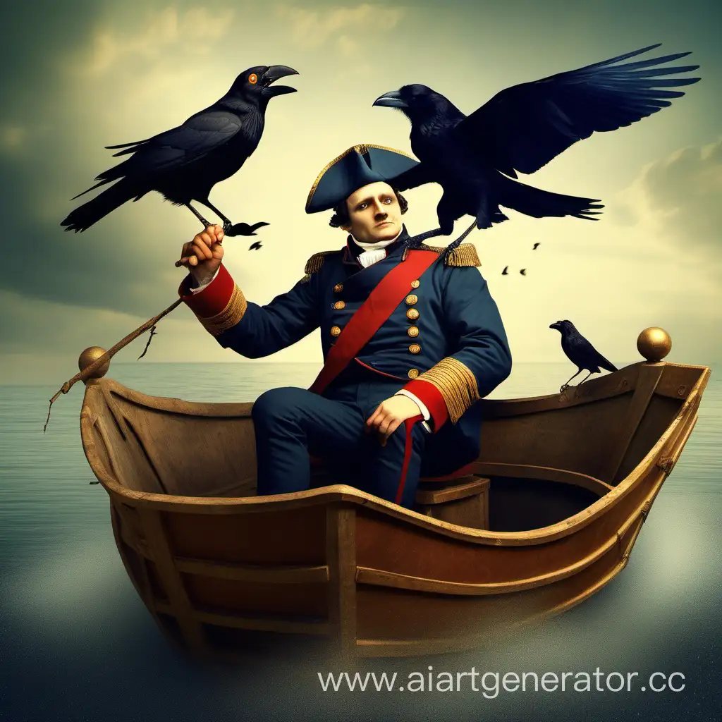 Funny Napoleon with a crow on his head rides in a boat with Leo Tolstoy