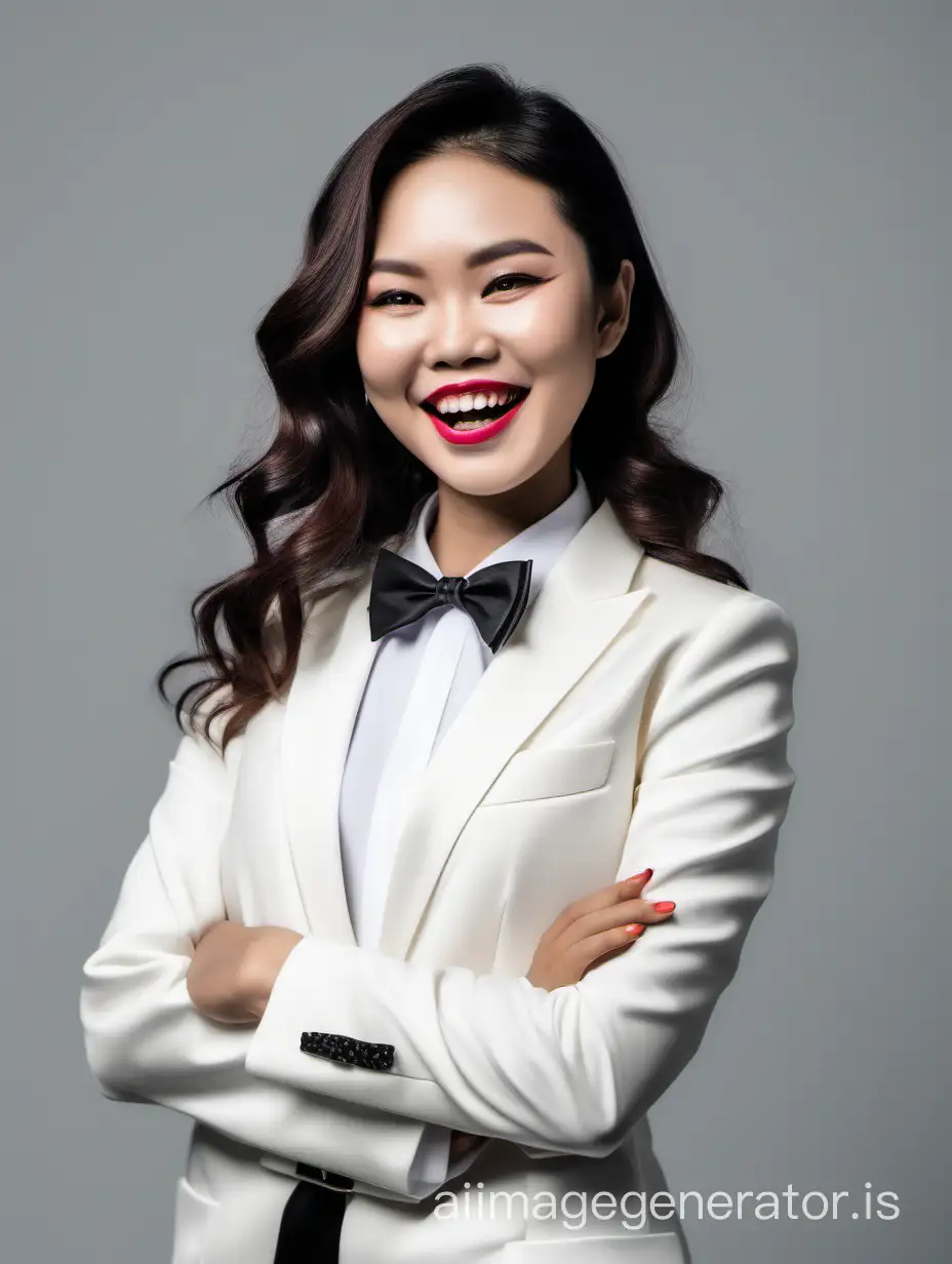 cute and sophisticated and confident vietnamese woman with shoulder length hair and  lipstick wearing an ivory tuxedo with a white shirt and a black bow tie, cufflinks, crossing her arms, laughing and smiling
