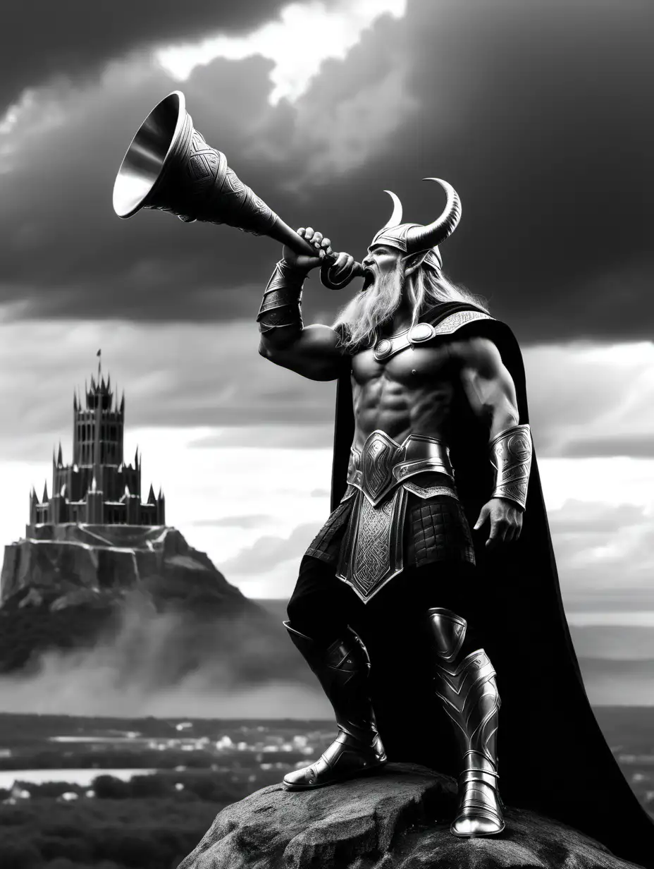 Show me the sentinel god of Asgard blowing his great Viking war horn in grayscale with his Asgardian castle overlooking the Bifröst in the distance.
