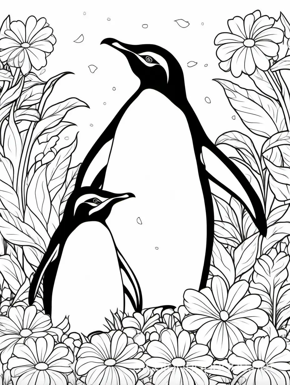 Adorable-Mom-and-Baby-Penguin-Coloring-Page-Surrounded-by-Flowers