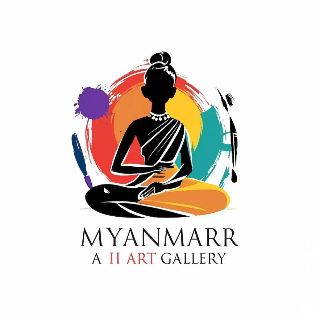 a logo design,with the text "MYANMAR AI ART GALLERY", main symbol:Silhouette Abstract Burmese woman with traditional dress and hair style sitting and posing attractively on the background of color palette and brushes,Moderate,clear background