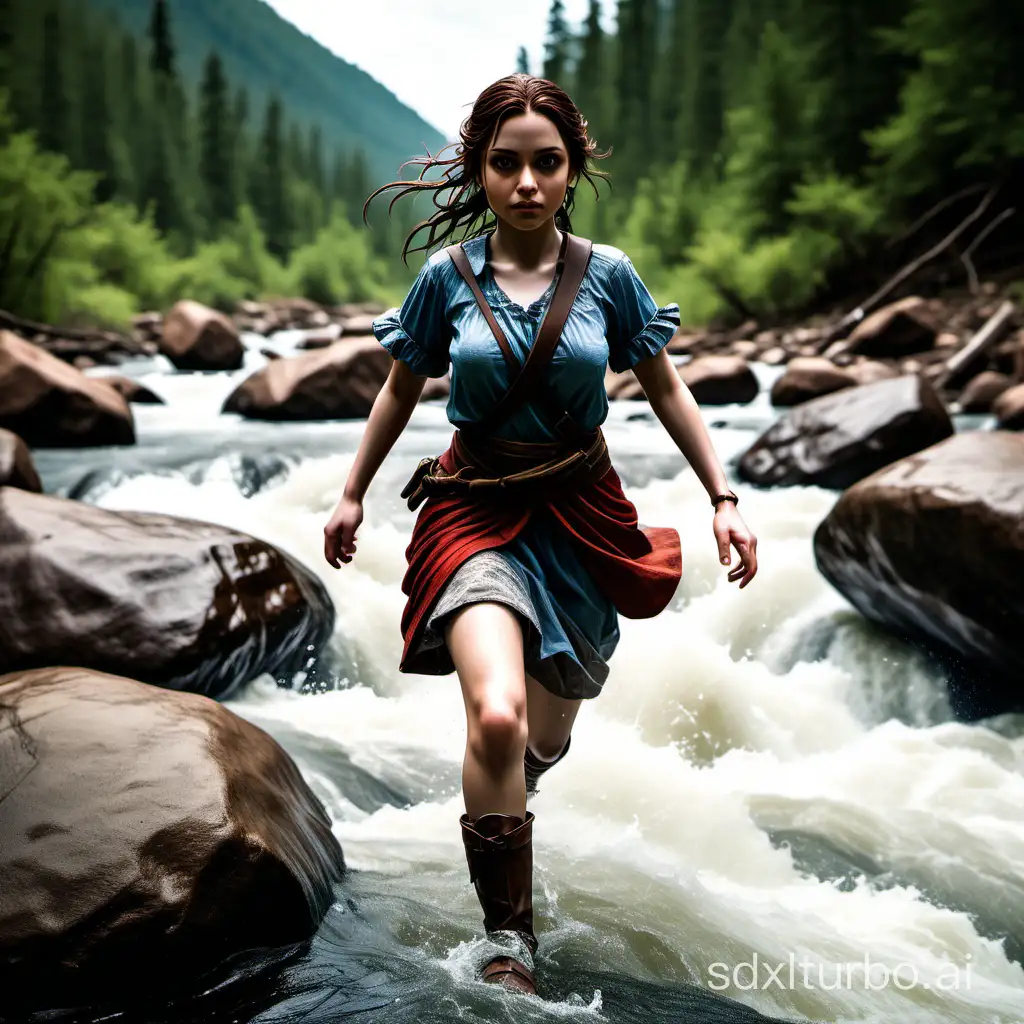 Elara crossing a rushing river, balancing on rocks as the water flows around her.