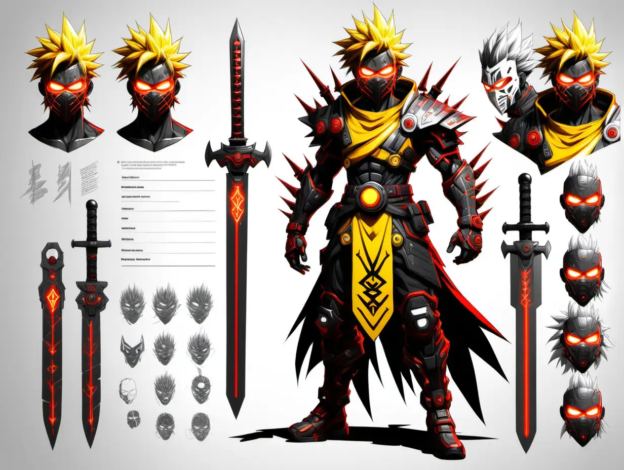character design sheet, full body of a Magical Paladin Warrior with spikey hair like goku and a mechanical glowing ninja mask and intricate black white and red cyberpunk runic clothing with yellow glowing nordic runes,with a massive glowing straight sword in a style reminiscent of fortnite character skin, character concept --chaos 0