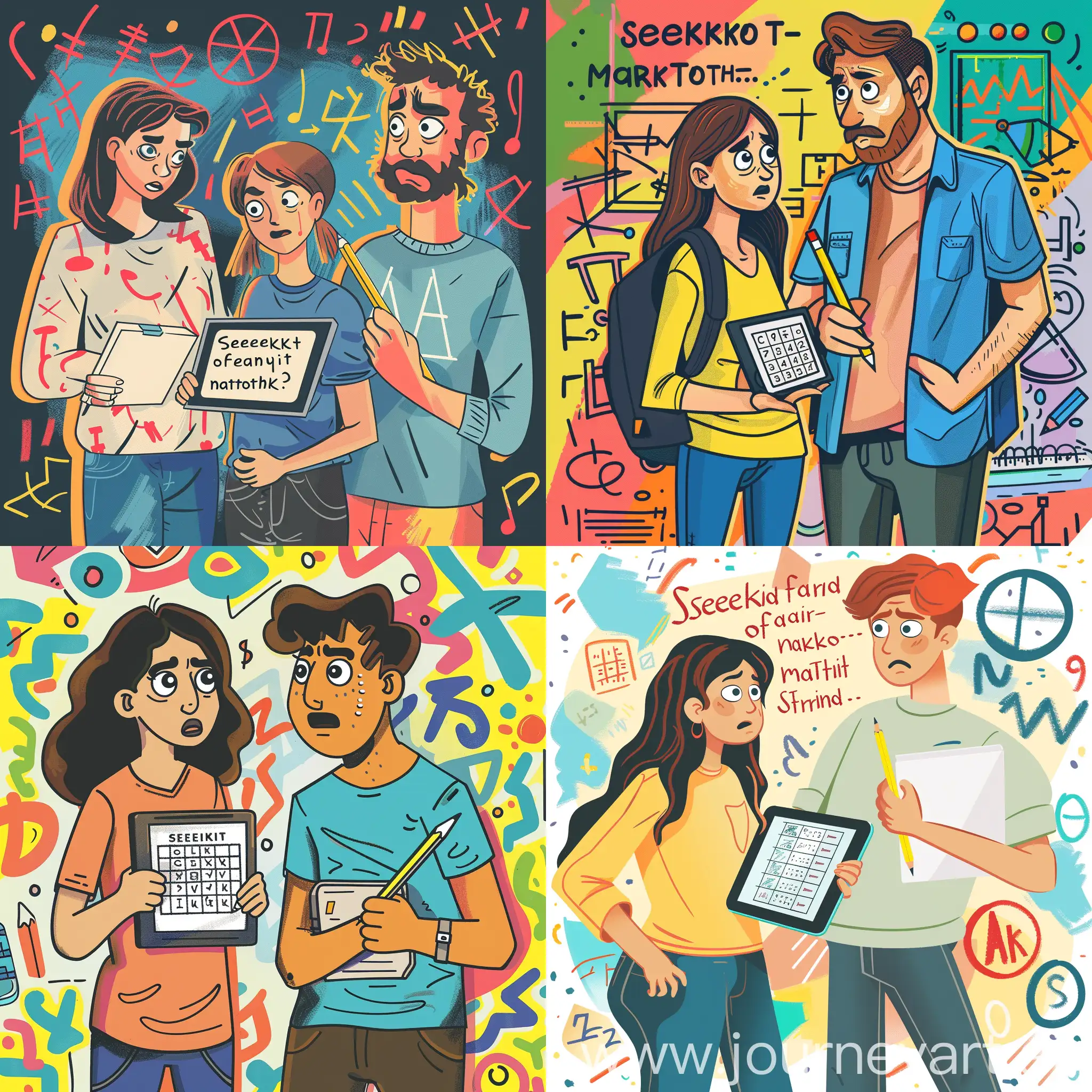  A stylized illustration featuring a parent and teen standing side by side, facing each other with concerned expressions. The parent is holding a tablet displaying a math problem, while the teen is holding a pencil and notebook, looking uncertain. The background is filled with colorful mathematical symbols and doodles. Text overlay reads: "Seeking Parents of Teens Struggling with Math - Market Research Opportunity." The text is in a modern, sans-serif font, easy to read against the colorful background.