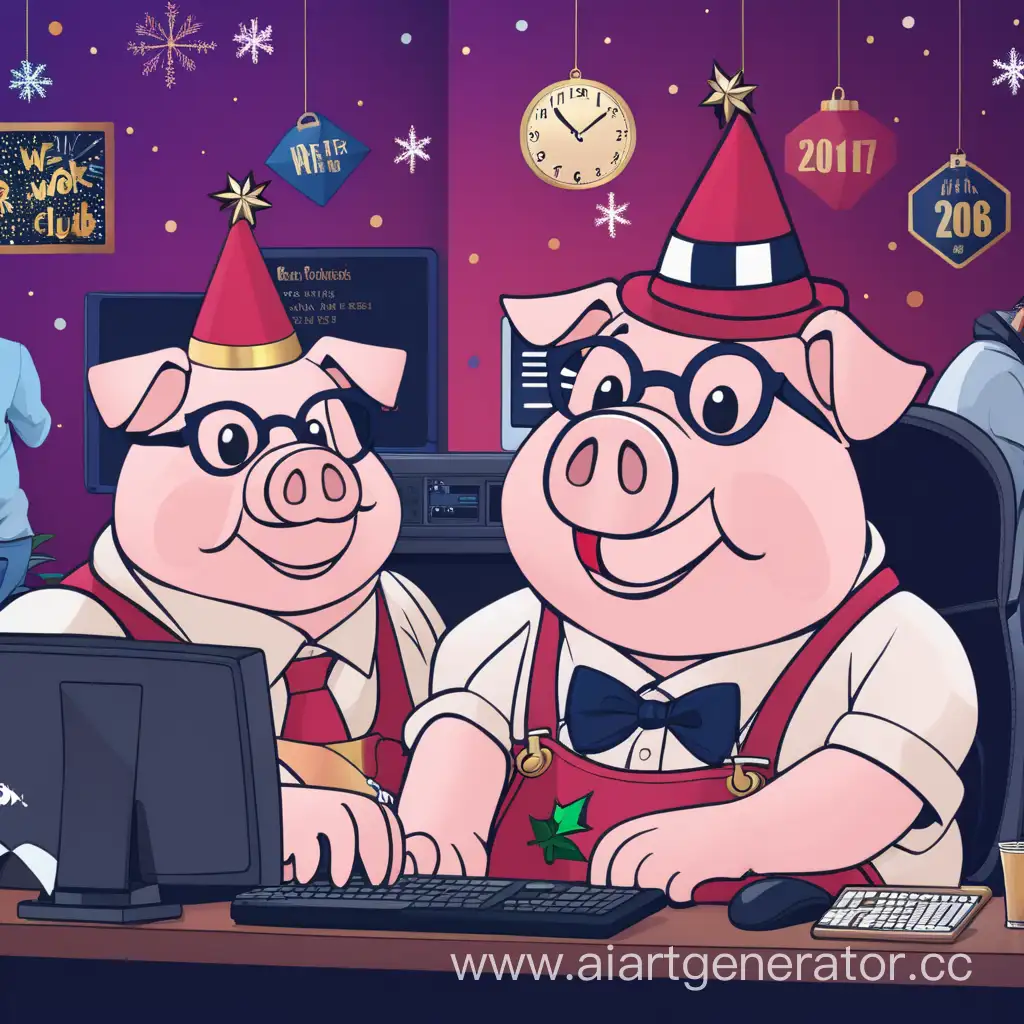 Мы работаем в новогоднюю ночь компьютерный клуб  pig and rose