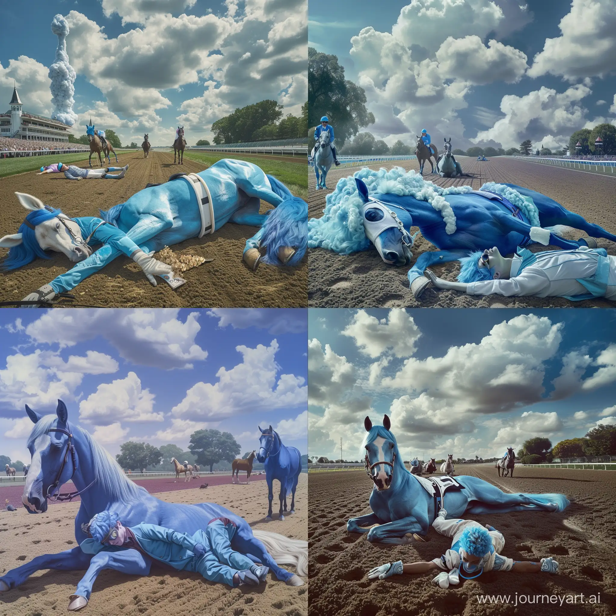 deep blue horse with white face, white ears, pale blue mane and tale lying down on race track, blue haired 37 year old horse rider, rider lying on the ground in front of horse, race track, other horses, fluffy clouds, trees