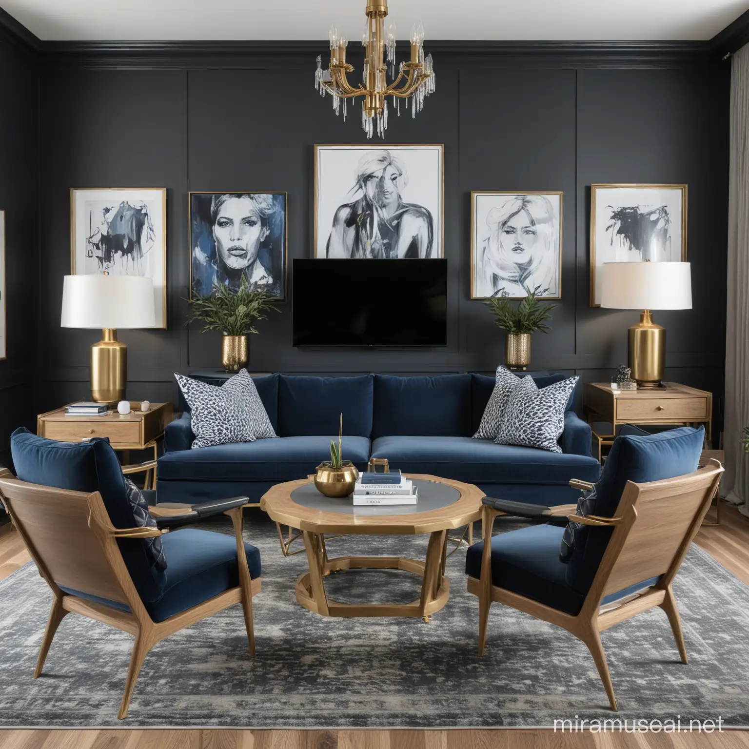 Home Office, manly style, art decor, moody, with white oak floors, dark walls, with 2 sofa arm chairs, tv on the wall, executive desk facing the wall, bold artwork, accents of brass and blue decor, modern scandi vibes