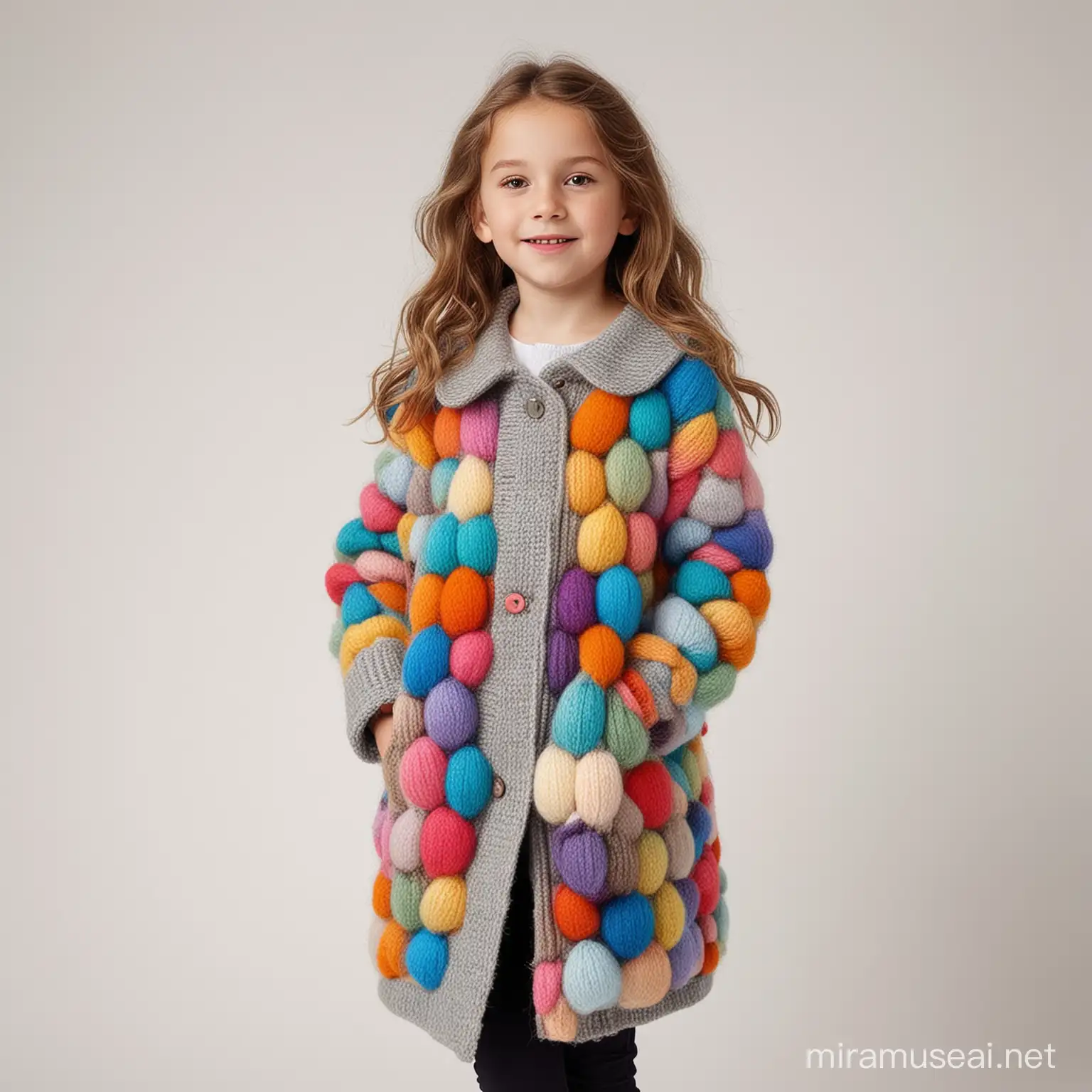 create a realistic, fashionable 10-year-old wearing a pretty coat made from big realistic brightly-colored woollen Easter eggs, white background, 
