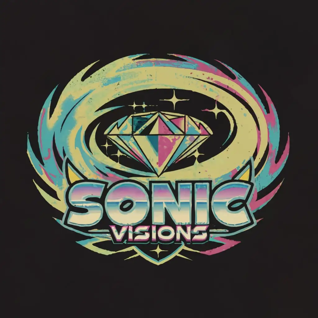 a logo design,with the text 'Sonic Visions', main symbol: black hole hurricane fractured diamond heart, psychedelic, spinning, sonic the hedgehog winged font, Moderate, to be used in Entertainment industry, transparent background