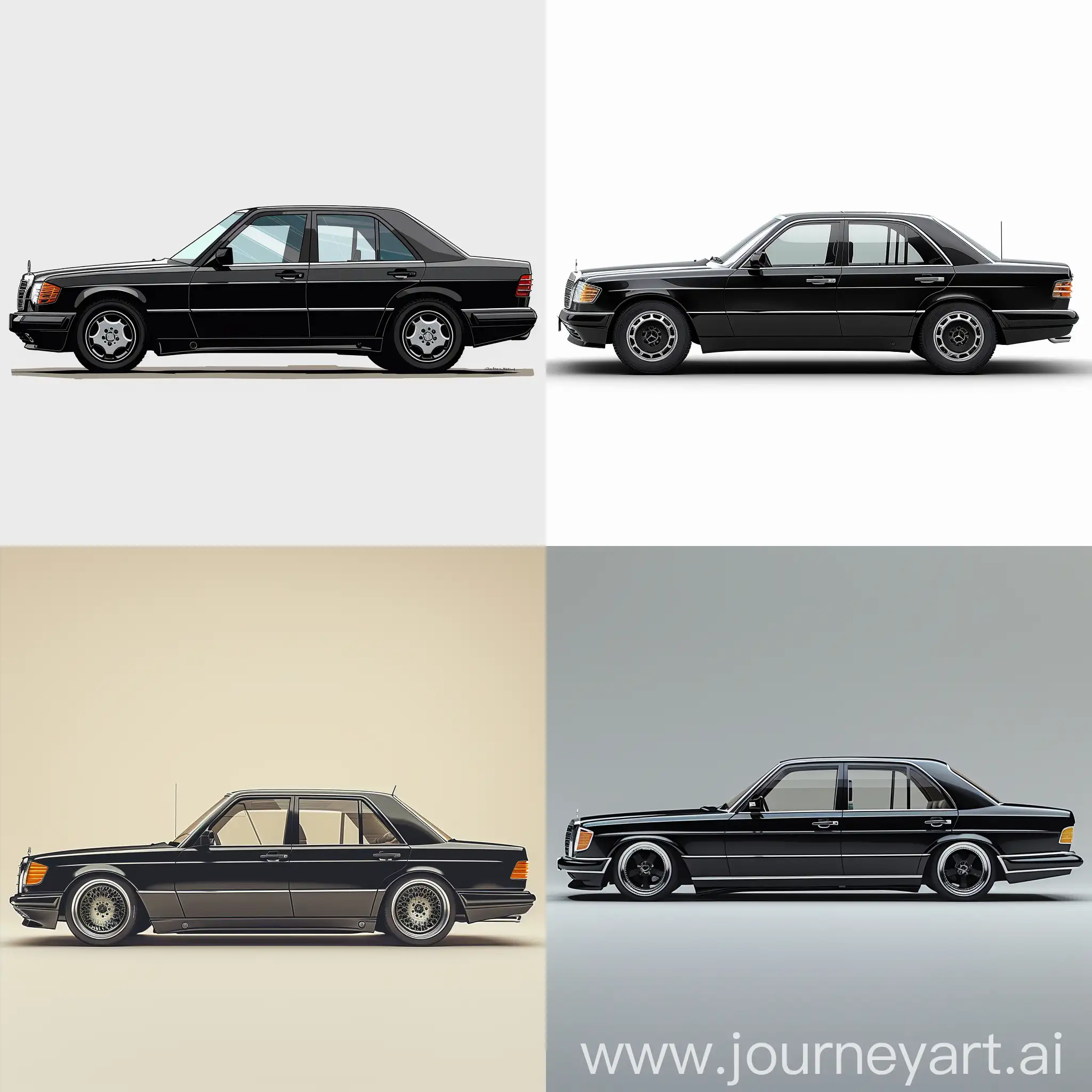 Minimalism 2D Car 2/3 View Illustration of: Black Mercedes Benz W140 S320, Simple White Background, Adobe Photoshop Software, High Precision --s 500