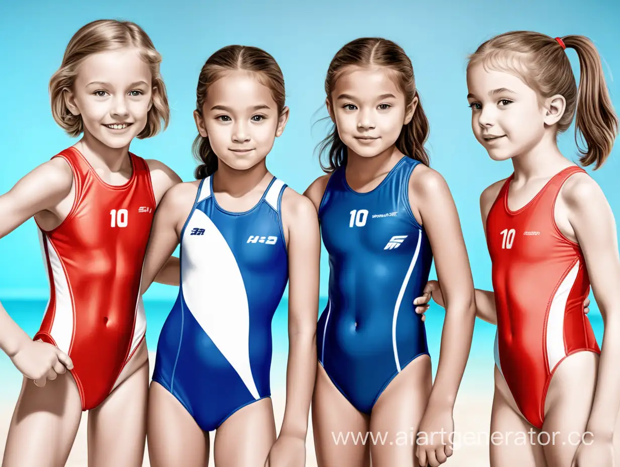 3 девушки спортсменки 10 лет в спортивной формев виде купальника 
из резины