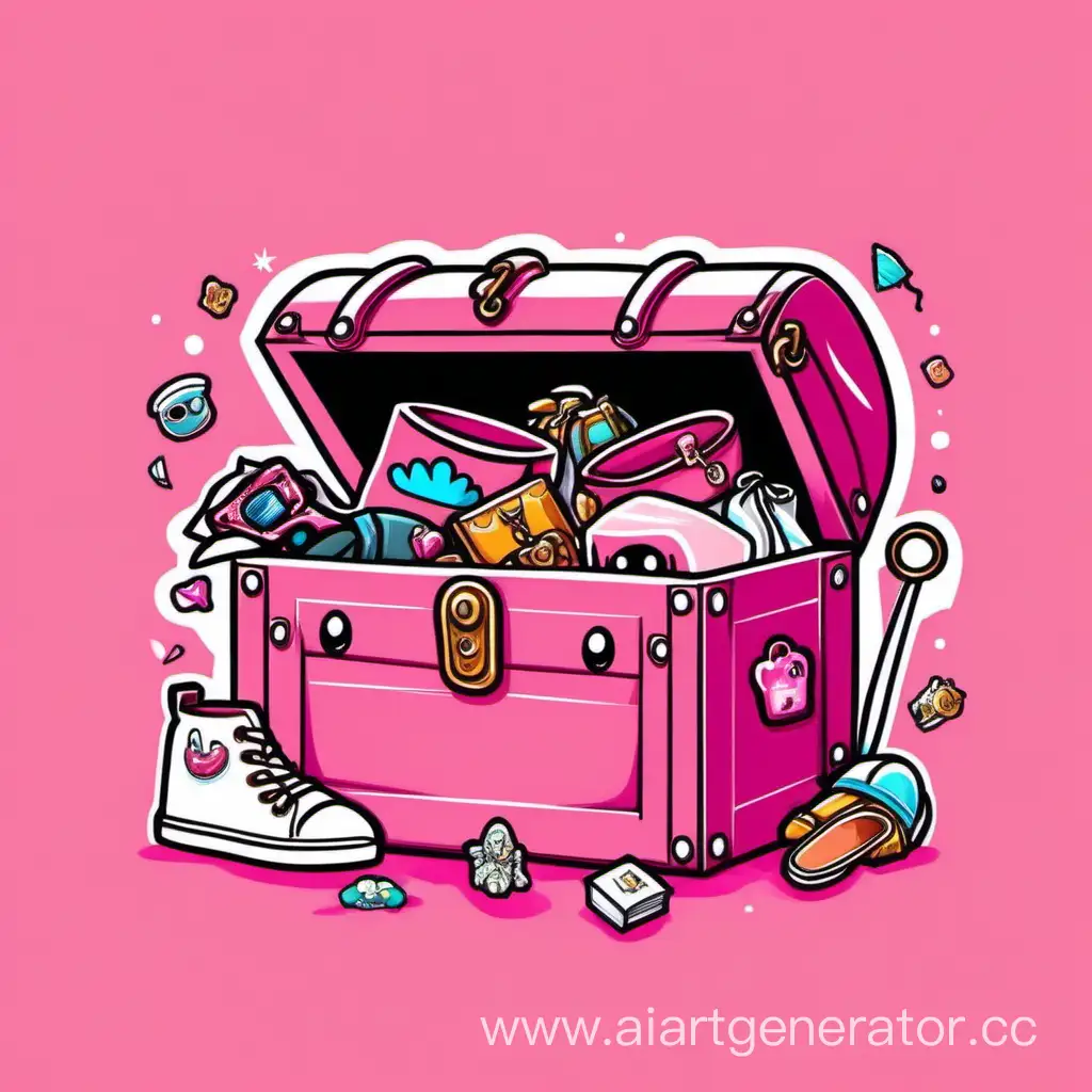логотип розовый милый сундук с сокровищами внутри которого лежит одежда: футболки и кроссовки, количество футболок должно быть не менее шести, вещи немного переваливаются через края сундука. с гиперболизированными пропорциями в мультяшном минималистичном стиле на белом фоне