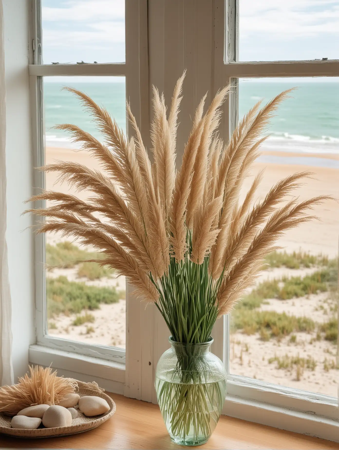 detailed pampas photo, in vase with green pastel colors, next to clean window with a view of a beach