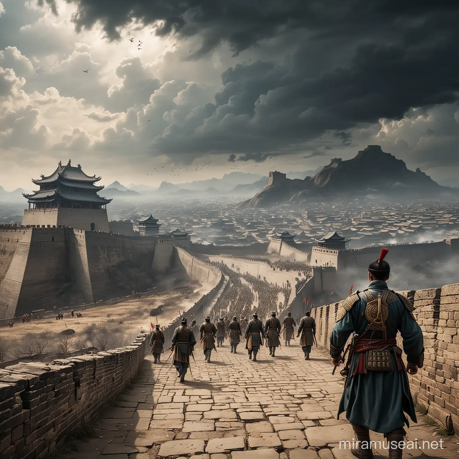 General of Ancient Chinese Army Observing City Walls under Dark Clouds