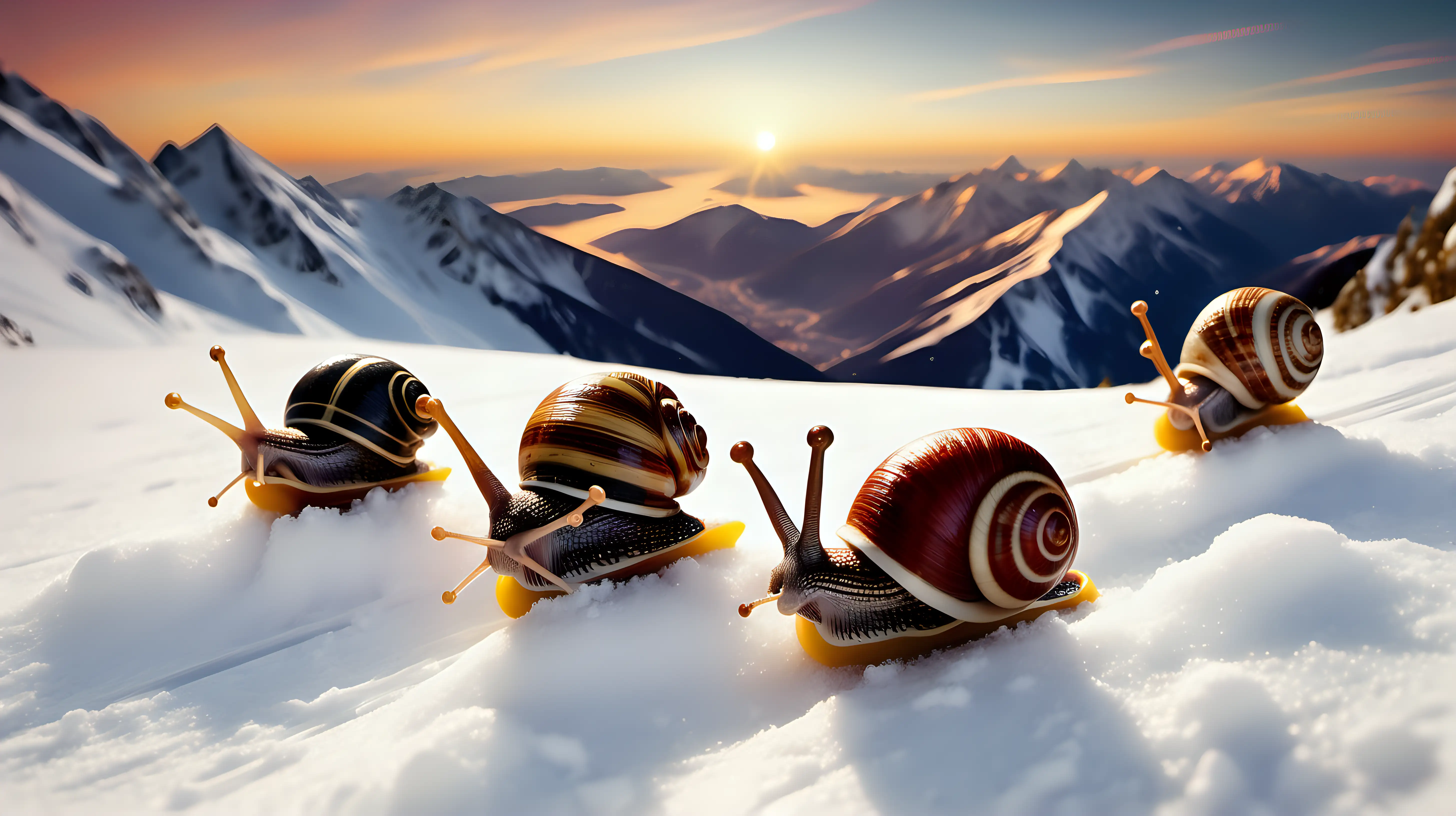 Adventurous French Snails Downhill Skiing at Sunset