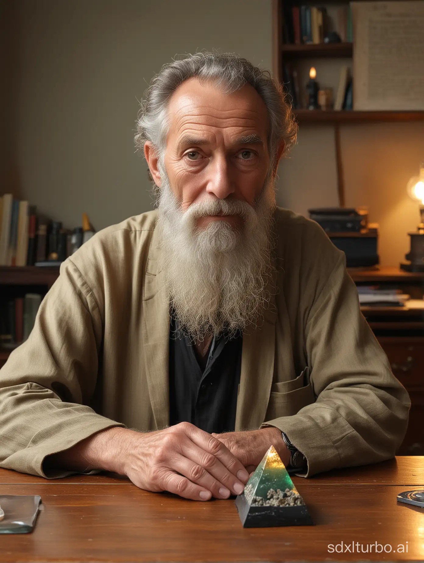 a 70 year old sage sitting behind a desk with a small orgonite pyramid on his hand, real human, short hair, long beard, natural lights and atmosphere in the reading room, front view, eyes looking at the viewer, by canon, very realistic, photo view