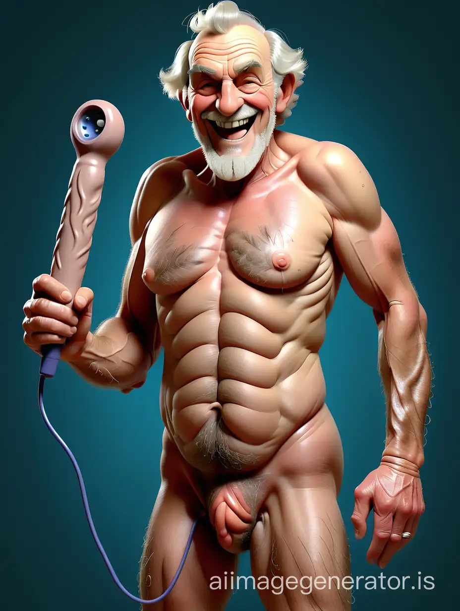 old grandpa on viagra, proud, with a big hard vascular penis, grinning pervert, naked, standing erect, oozing sperm, hairy body, full body, agile, dynamic, fit & strong, shaggy, funky, intense, holding vibrating bdsm taser baton club, doctor, aphrodisiac, medication, drug administration by dildo pump, crazy sex doctor
