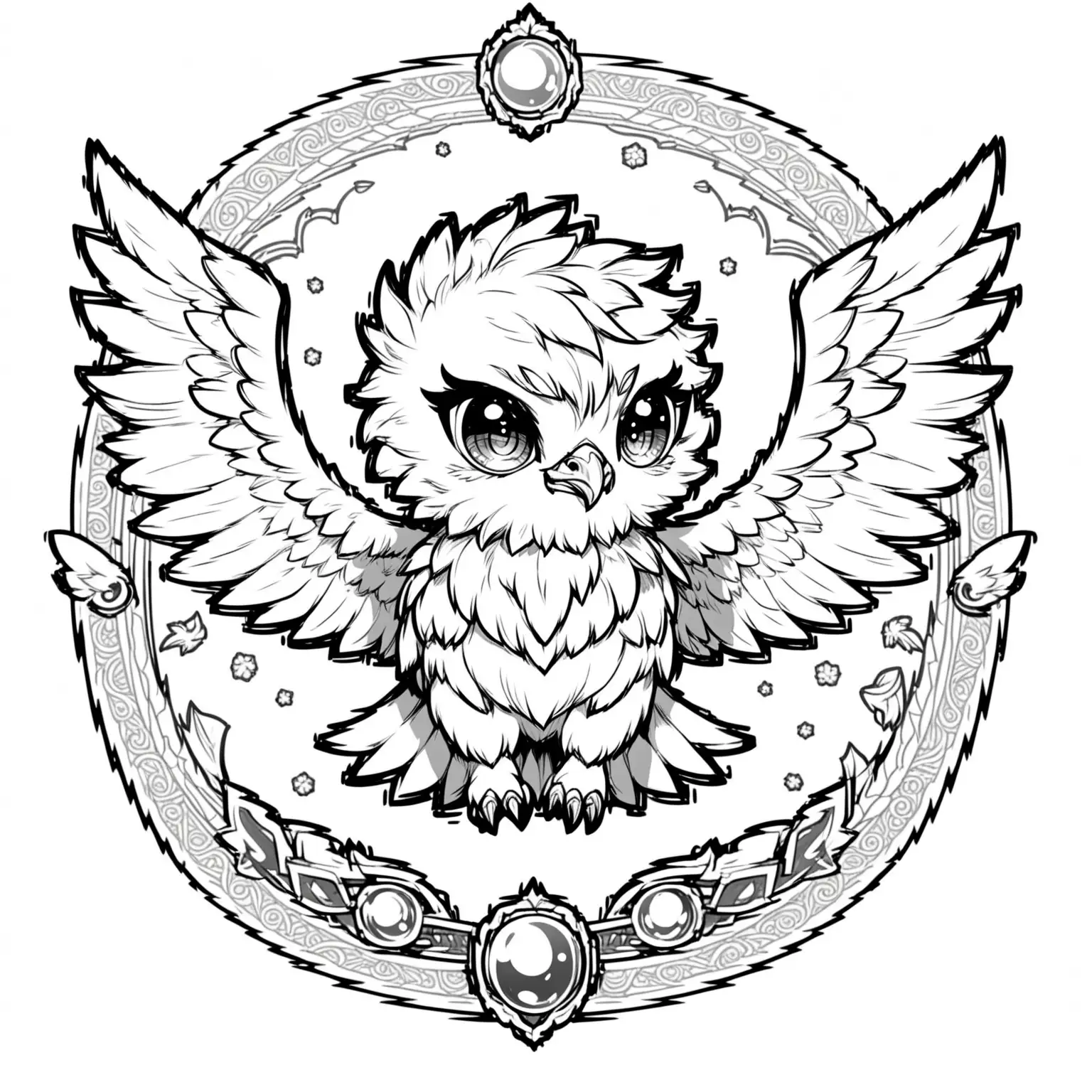 A coloring page depicting a detailed, black and white drawing of a chibi, mythological, baby griffon isolated on a white background
