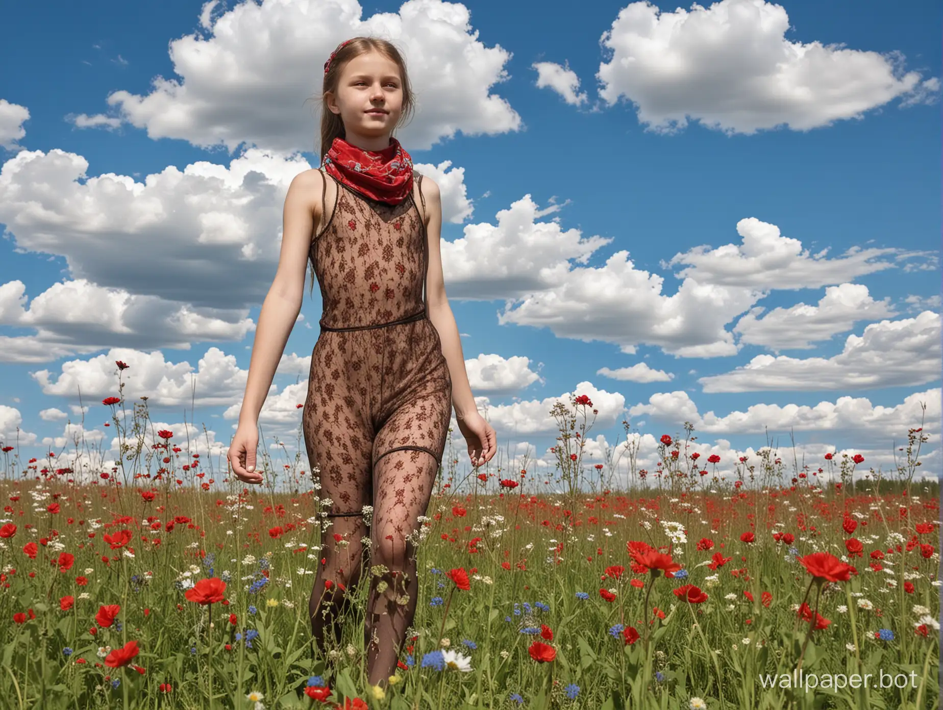 11YearOld-Soviet-Girl-in-Brown-Bodystocking-with-Red-Scarf-in-a-Blooming-Meadow