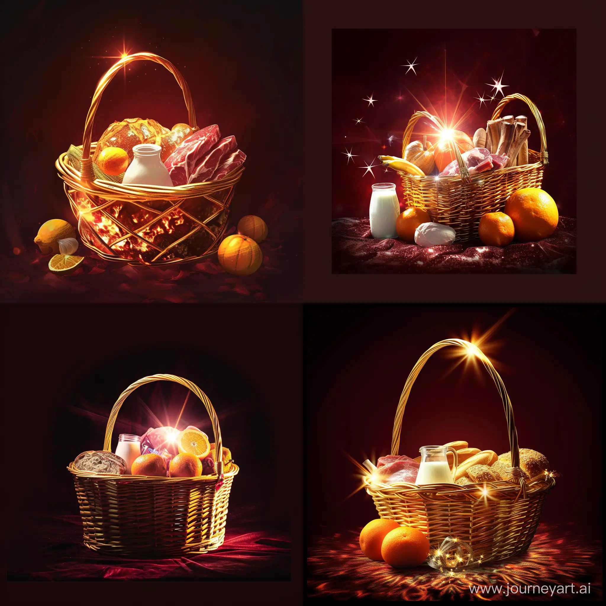 Luxurious-Golden-Basket-Overflowing-with-Fresh-Delicacies-on-Maroon-Background