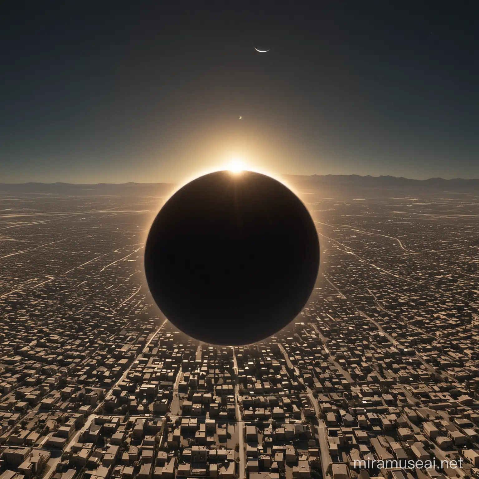 crea una foto realista del eclipse total de sol de 8 de abril. pasando por los pueblos llamados ninive en UU AA
