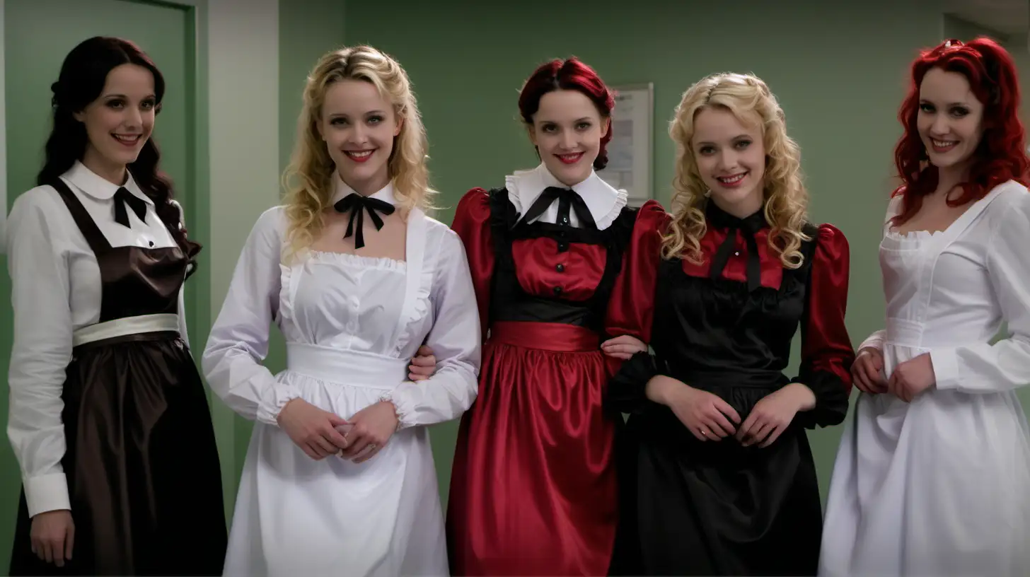 girls in long crystal silk satin red black,lila retro victorian maid gown with white apron and peter pan colar and long sleeves costume and milf mothers long blonde and red hair,black hair rachel macadams  smile in hospital