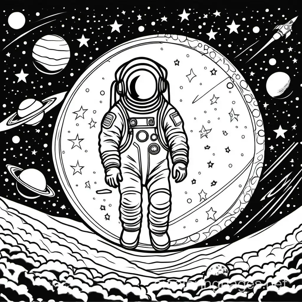Space, cosmonaut, stars, Coloring Page, black and white, line art, white background, Simplicity, Ample White Space. The background of the coloring page is plain white to make it easy for young children to color within the lines. The outlines of all the subjects are easy to distinguish, making it simple for kids to color without too much difficulty