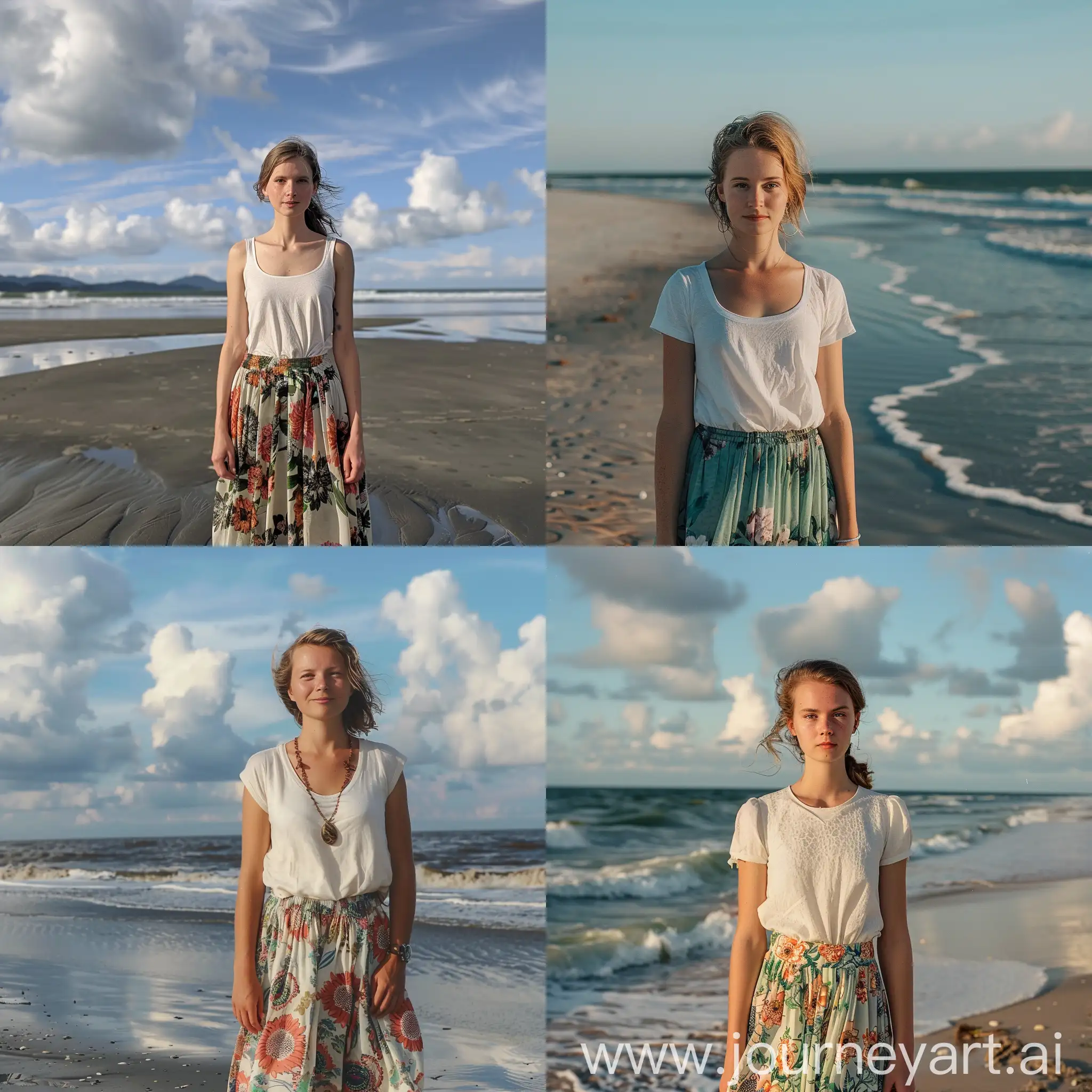 一个白人女孩穿着碎花短裙站在沙滩上