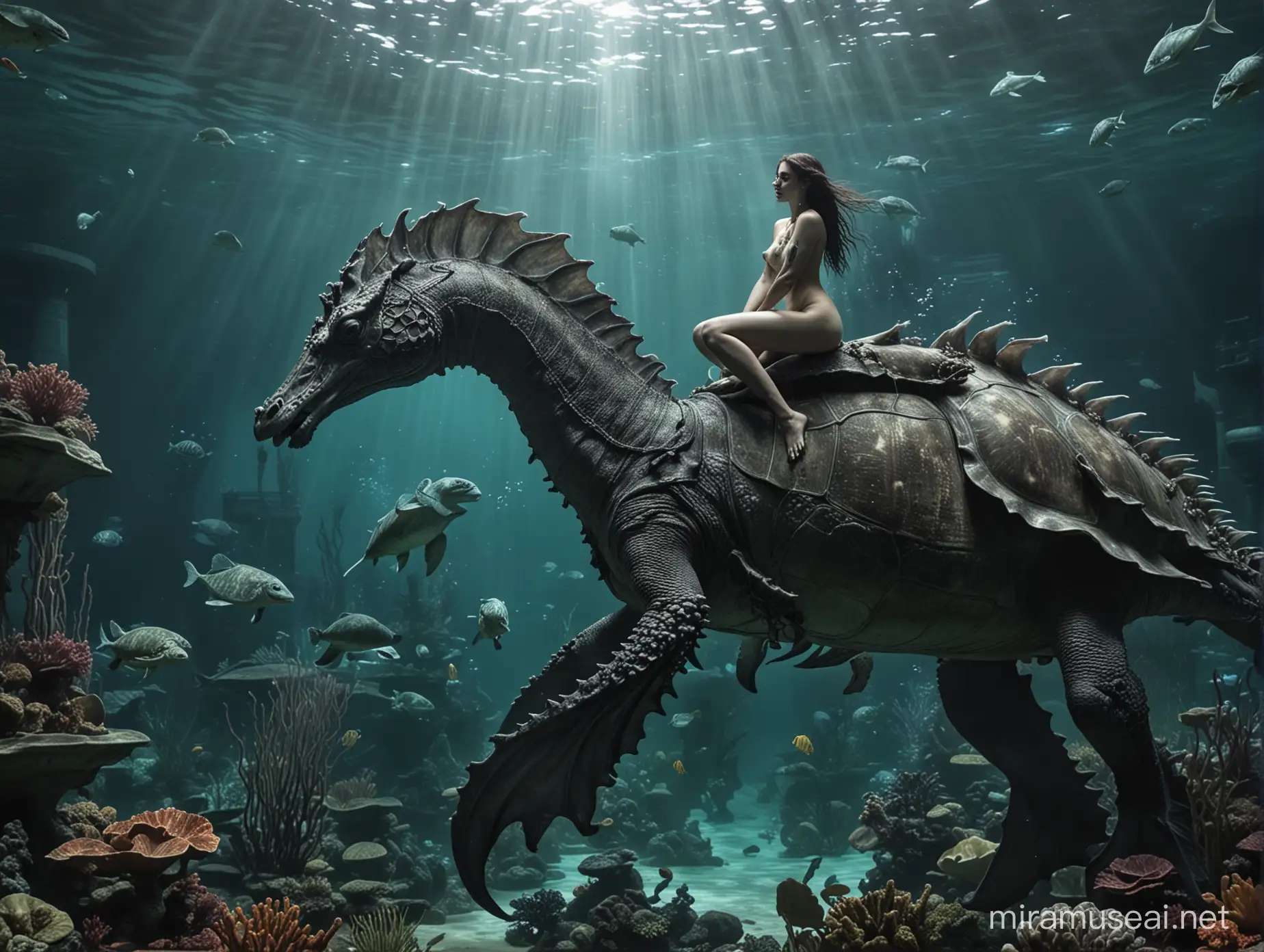 Naked Gothic Female riding a huge seahorse in a huge fish tank with sea turtles